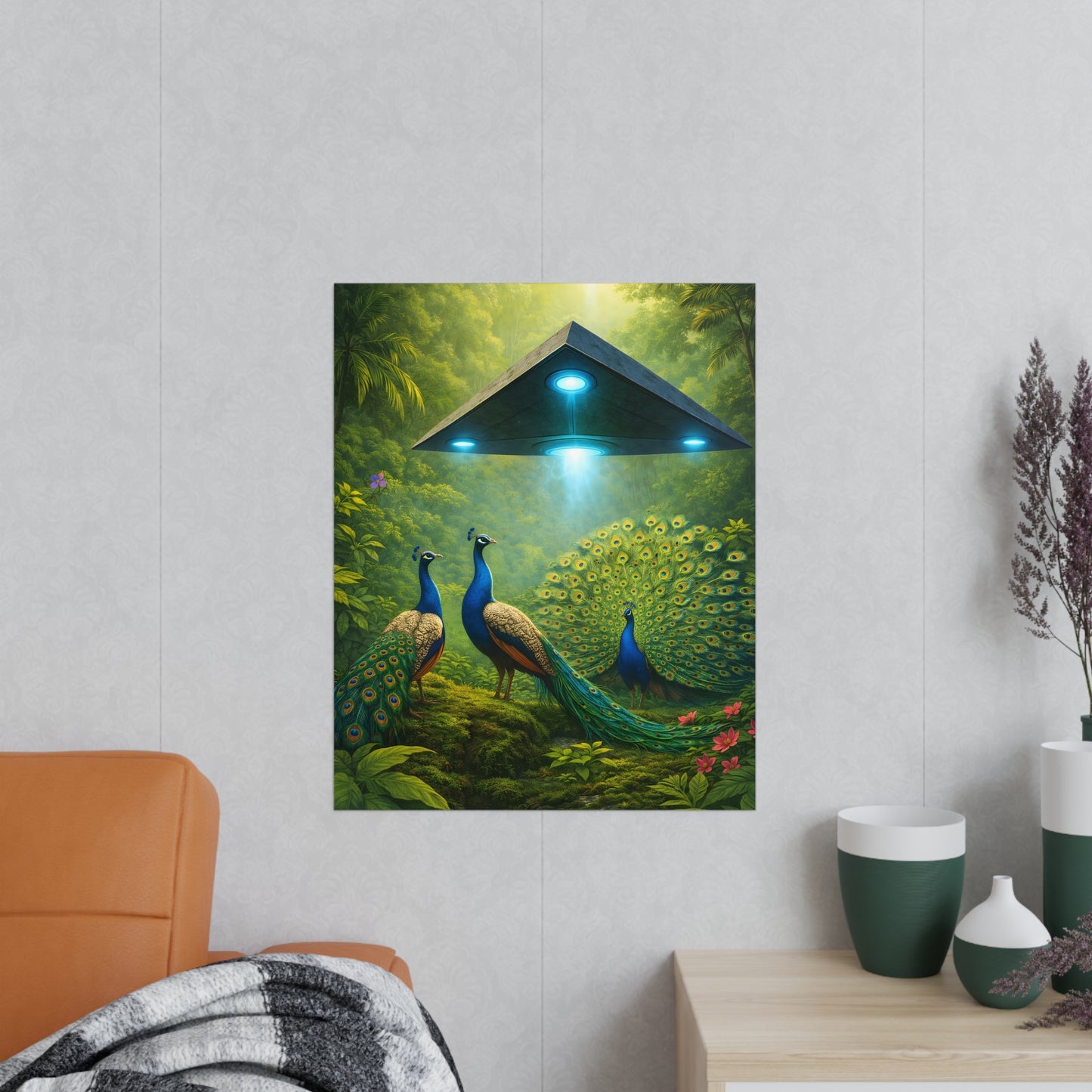 Photopaper Poster — UFO & Peacocks Sci‑Fi Wall Art