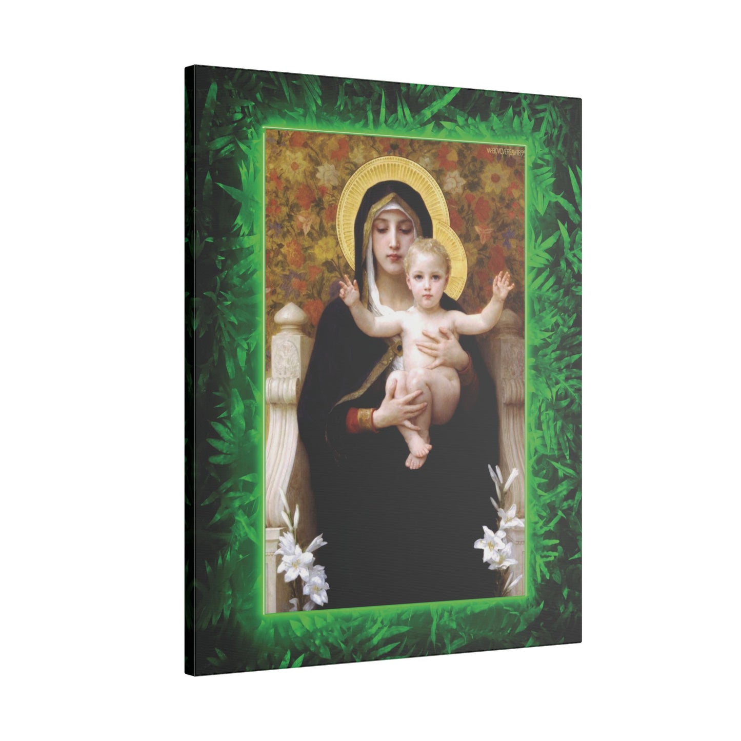 "Tropical Rainforest Madonna of Lilies" Religious Canvas Artwork - Stretched Canvas Print / Virgin Mary & Jesus