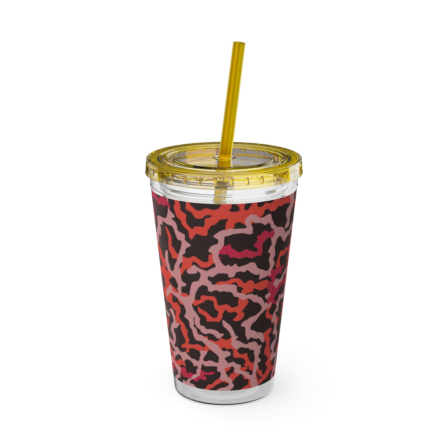 Tropical Tumbler with Straw | 16oz Colorful Travel Cup / Coral Threads, Red