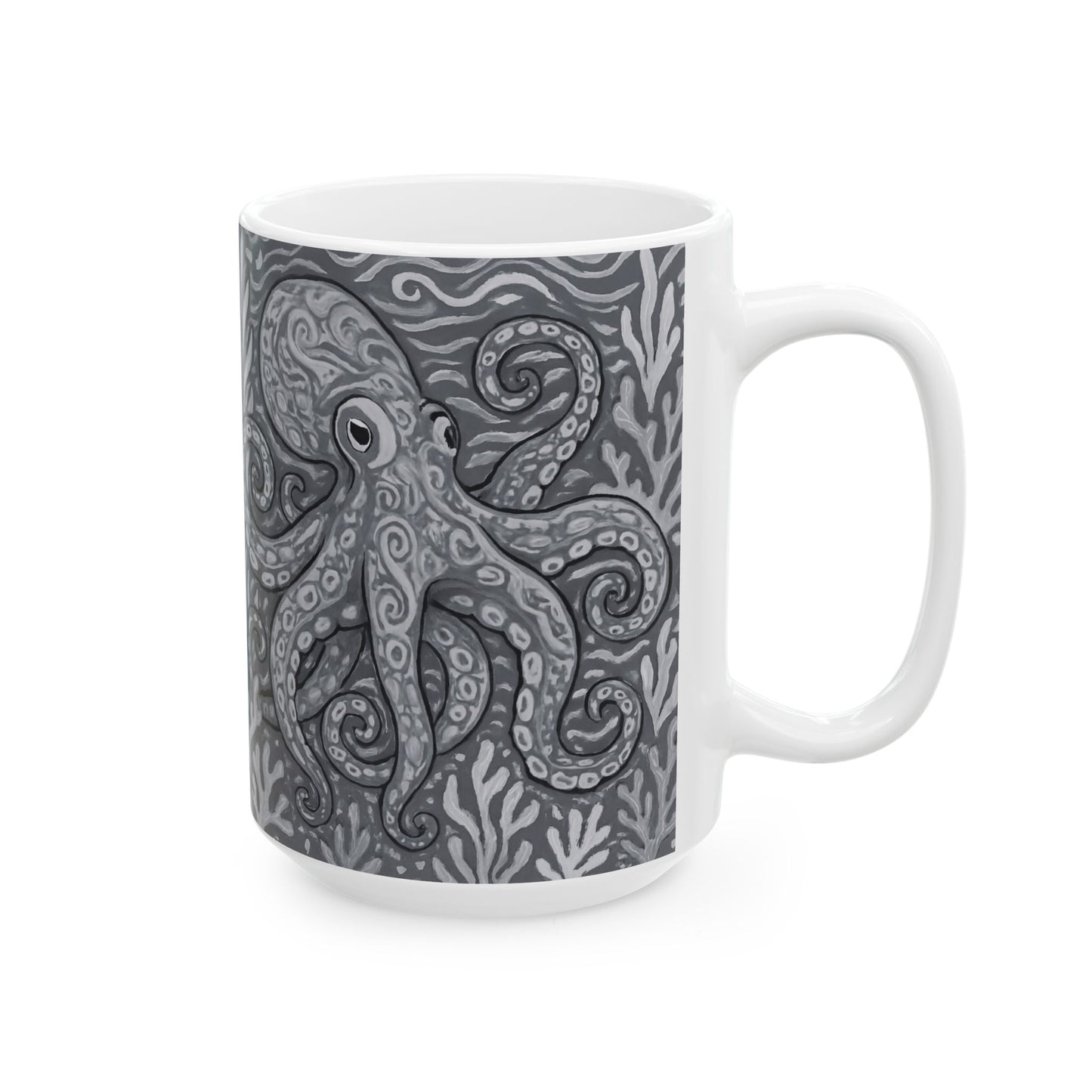 Ceramic White Mug - 11oz & 15oz, Noir Octopus Kraken Joe