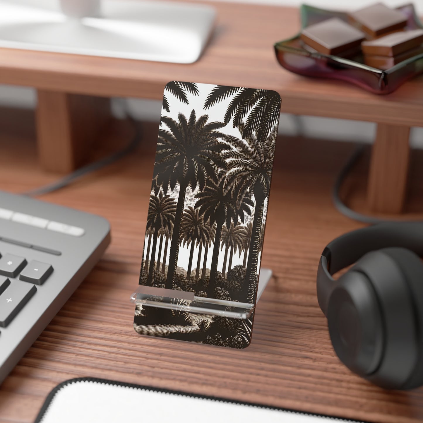 Mobile Display Stand for Smartphones - Woodcut Palm Grove