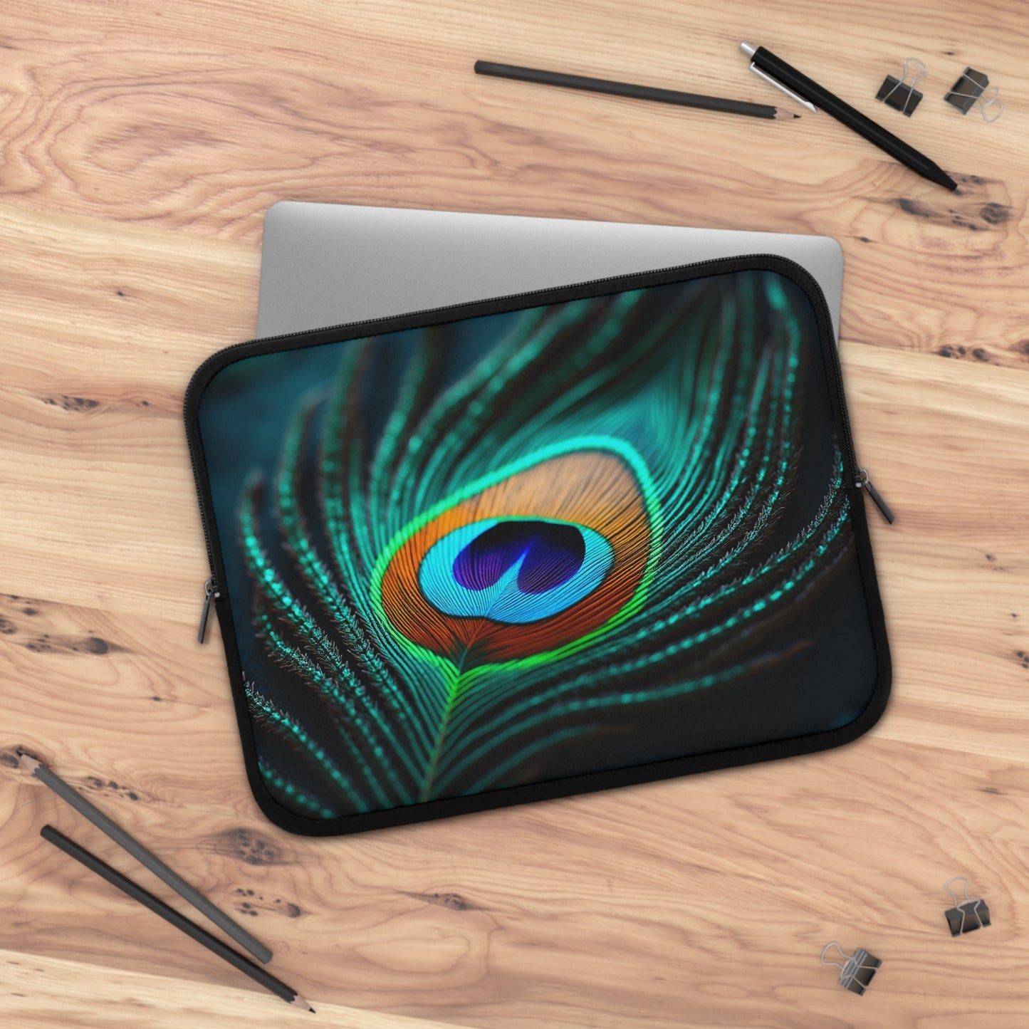 Tropical Laptop Sleeve, 5 Sizes - Perfect for Rainforest Lovers & Students / Peacock Eye Feather, Turquoise