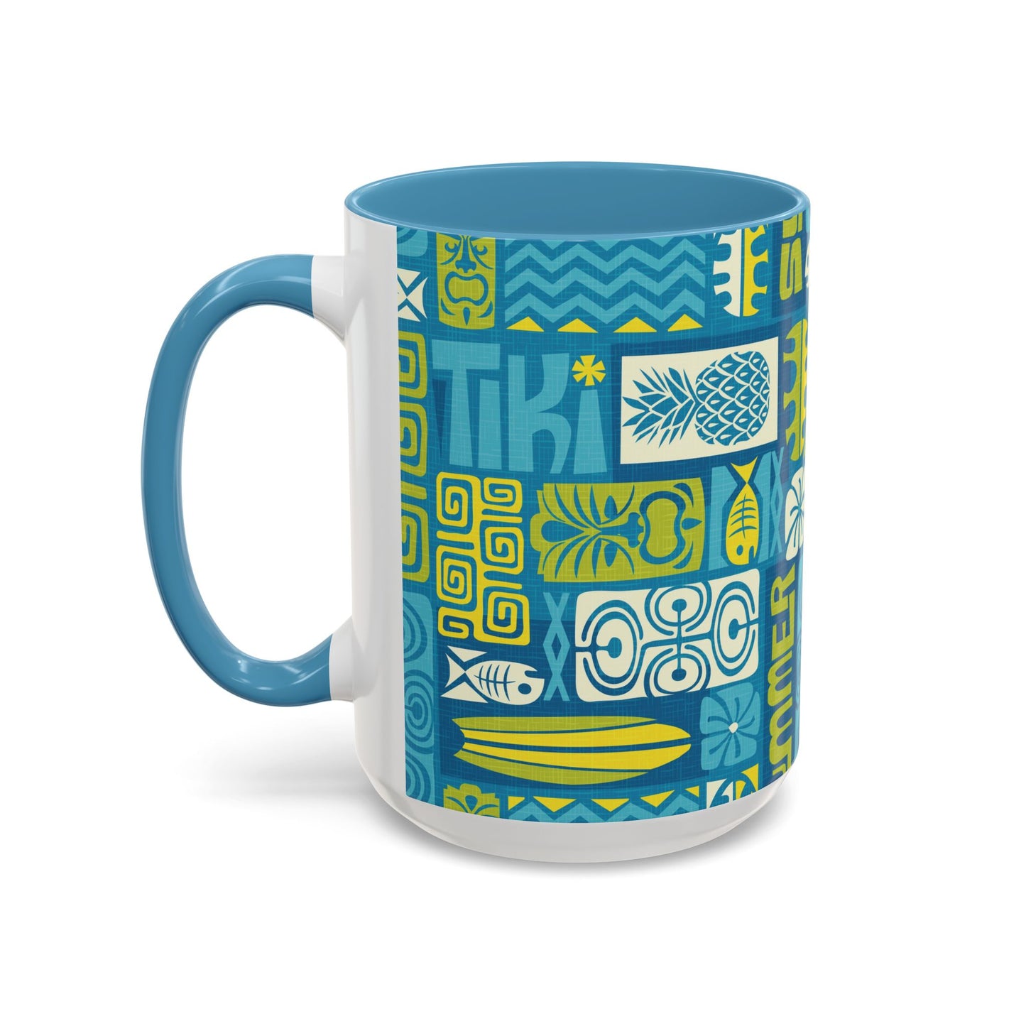 Accent Coffee Mug (11, 15oz), 8 Colors - Tiki Poster Blue