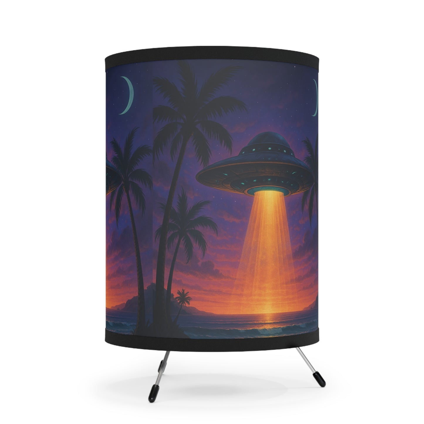 Beach UFO at Night Tripod Lamp with Artistic High-Res Shade - Perfect for Home Décor