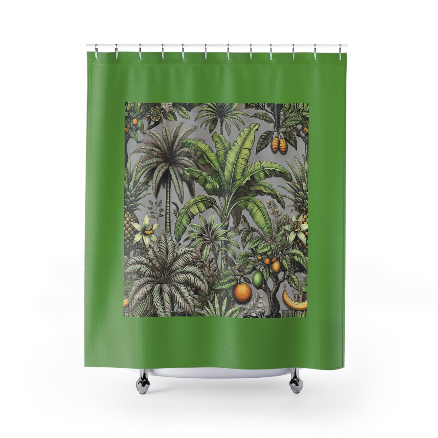 Palm Tree Shower Curtain - Ocean Bathroom Decor / Tropical Fruit/Grey, Green