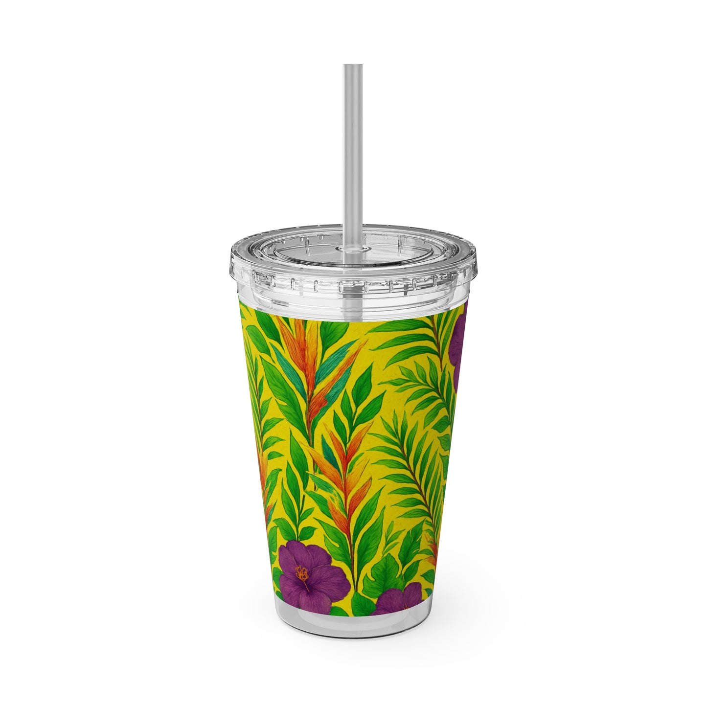 Tropical Tumbler with Straw | 16oz Colorful Travel Cup / Midnight Flower Yellow