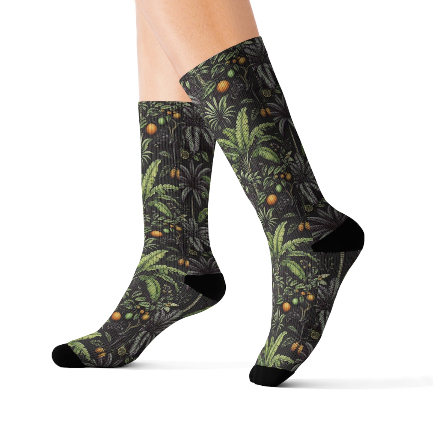 Tropical Fruit/Black Sublimation Fleece-Lined Socks - Colorful Palm Tree Design