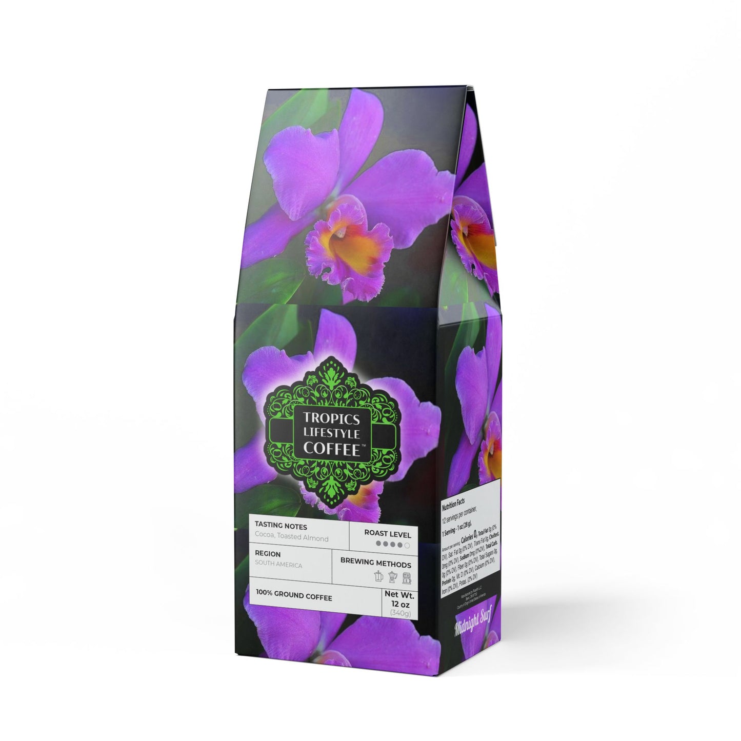Midnight Surf Blend™ (Medium-Dark Roast) Specialty Grade Craft Coffee , Religious / Real Purple Orchid