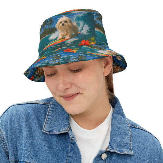 Tropical Polyester Bucket Hat, 2 Sizes - Puppy Ariel the Dog Surfer