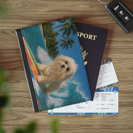 Tropical Passport Cover, Faux Leather - RFID blocking for travel security / Puppy Ariel the Dog Surfer