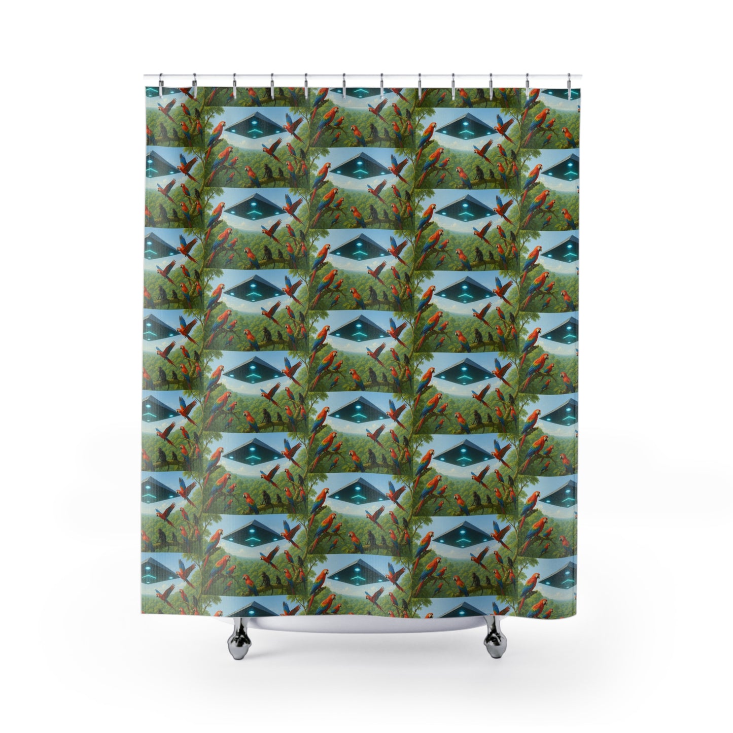 Tropical Shower Curtain - Rainforest Bathroom Decor / UFO and Macaws