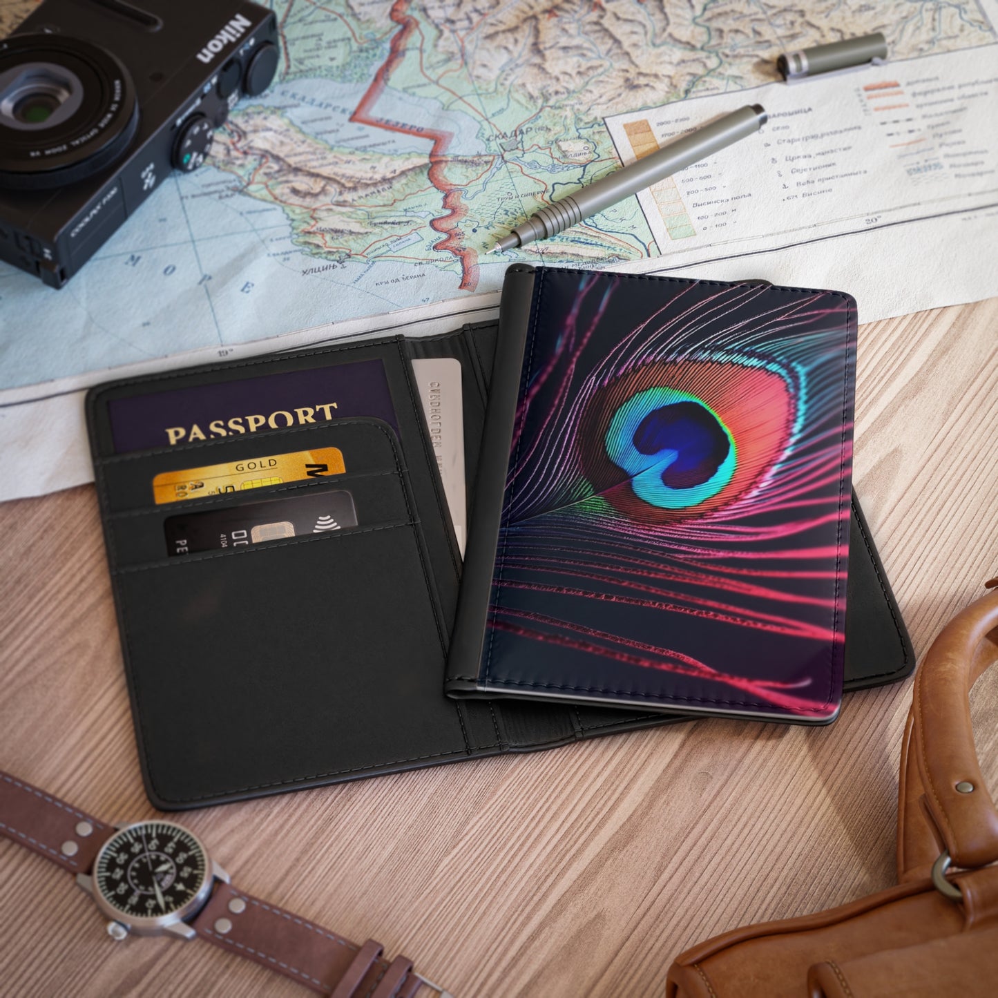 Tropical Passport Cover, Faux Leather - RFID blocking for travel security / Peacock Eye Feather, Magenta