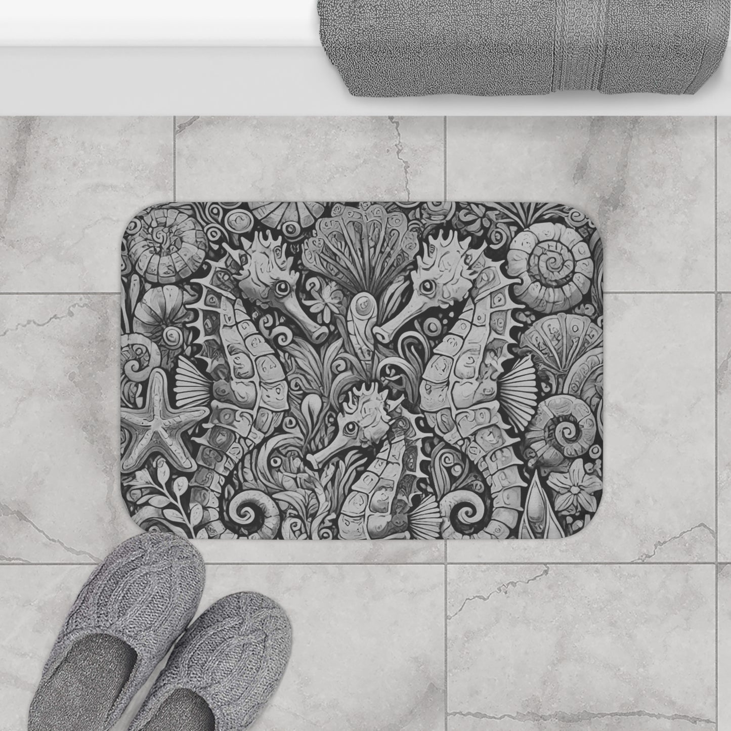 Seahorse Trio/Noir Bath Mat, 2 Sizes - Tropical Vibes for Home Decor