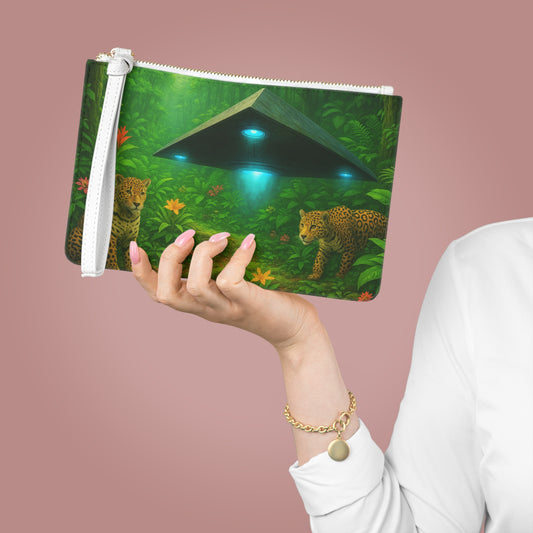 Tropical Faux Leather Clutch Bag - Perfect for Beach Adventures & Summer Vacations / UFO and Jaguars