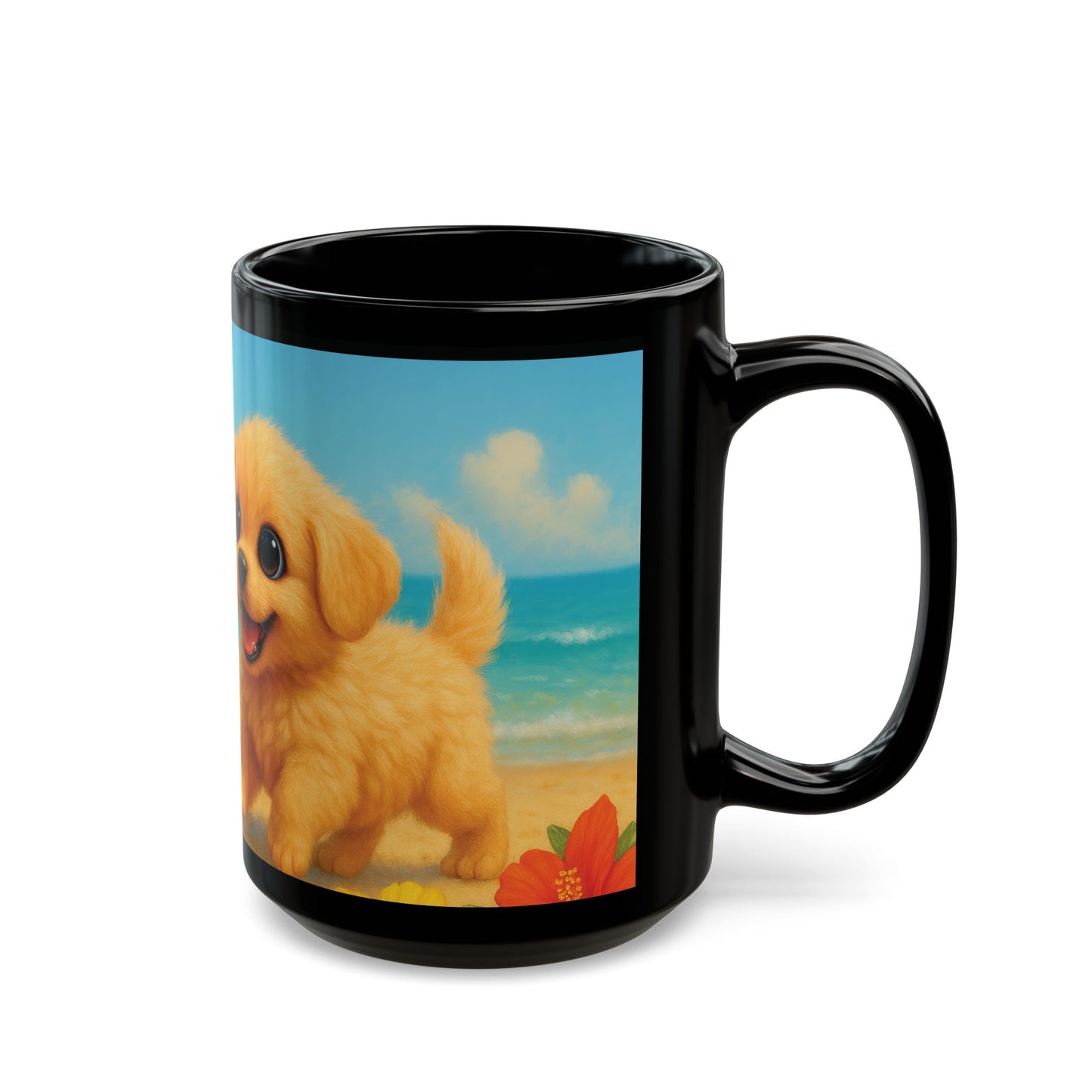 Black Coffee Mug - Two Puppies on Beach