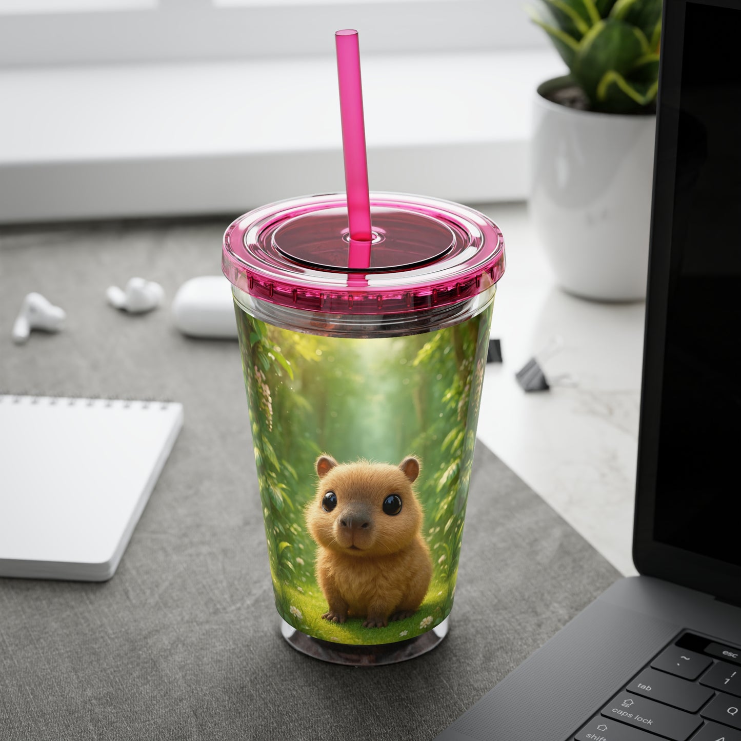 Tropical Tumbler with Straw | 16oz Colorful Travel Cup / Baby Cabybara