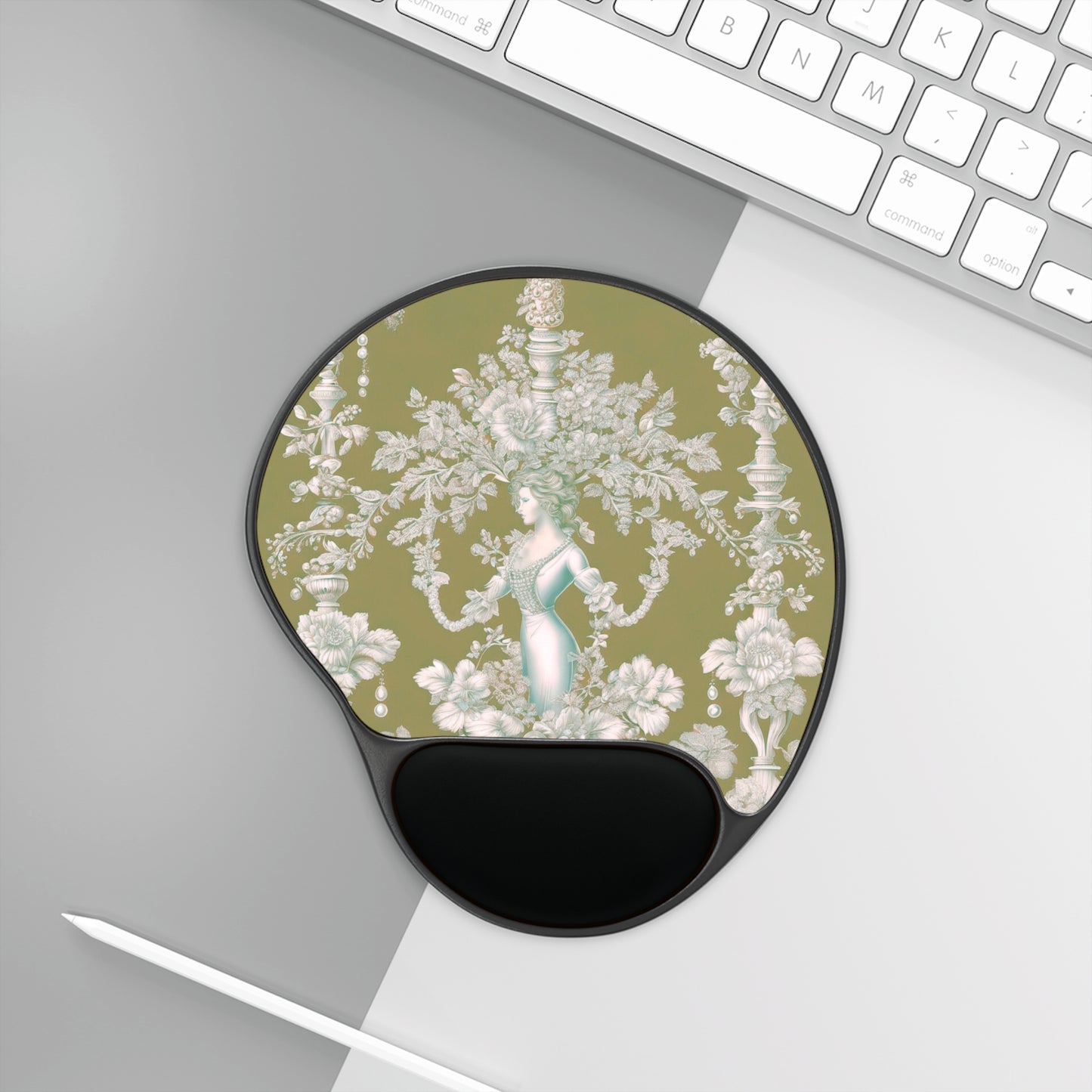 Mouse Pad With Wrist Rest, Pearl Lady Toile, Highborn Green