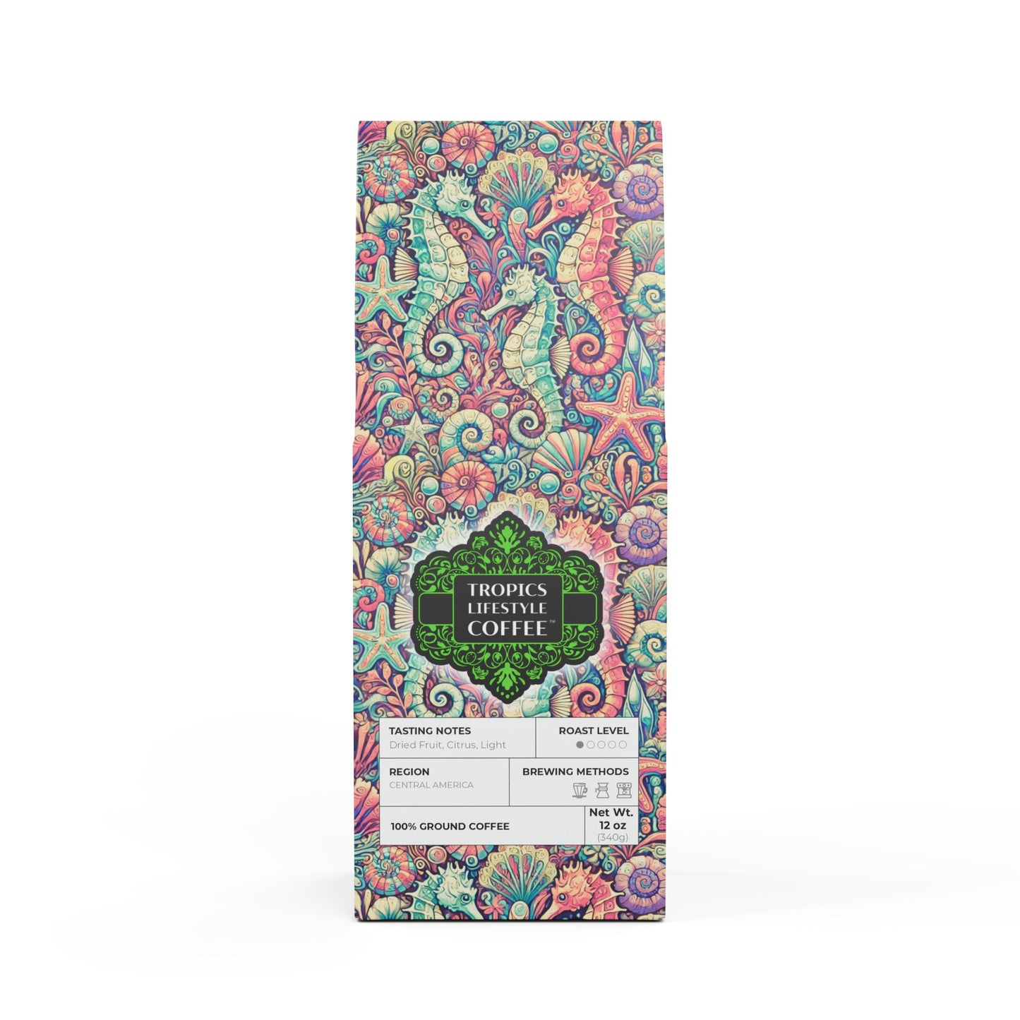 Beach Sunrise Blend™ (Light Roast) Specialty Grade Craft Coffee / Seahorse Trio, Retro