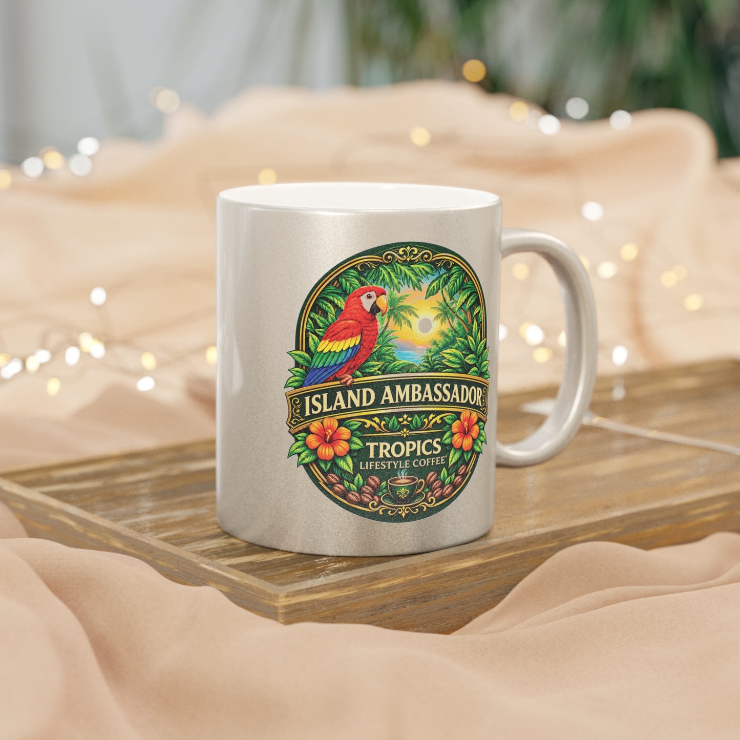 Island Ambassador Metallic Mug — Tropical Parrot Coffee Cup (Silver/Gold)