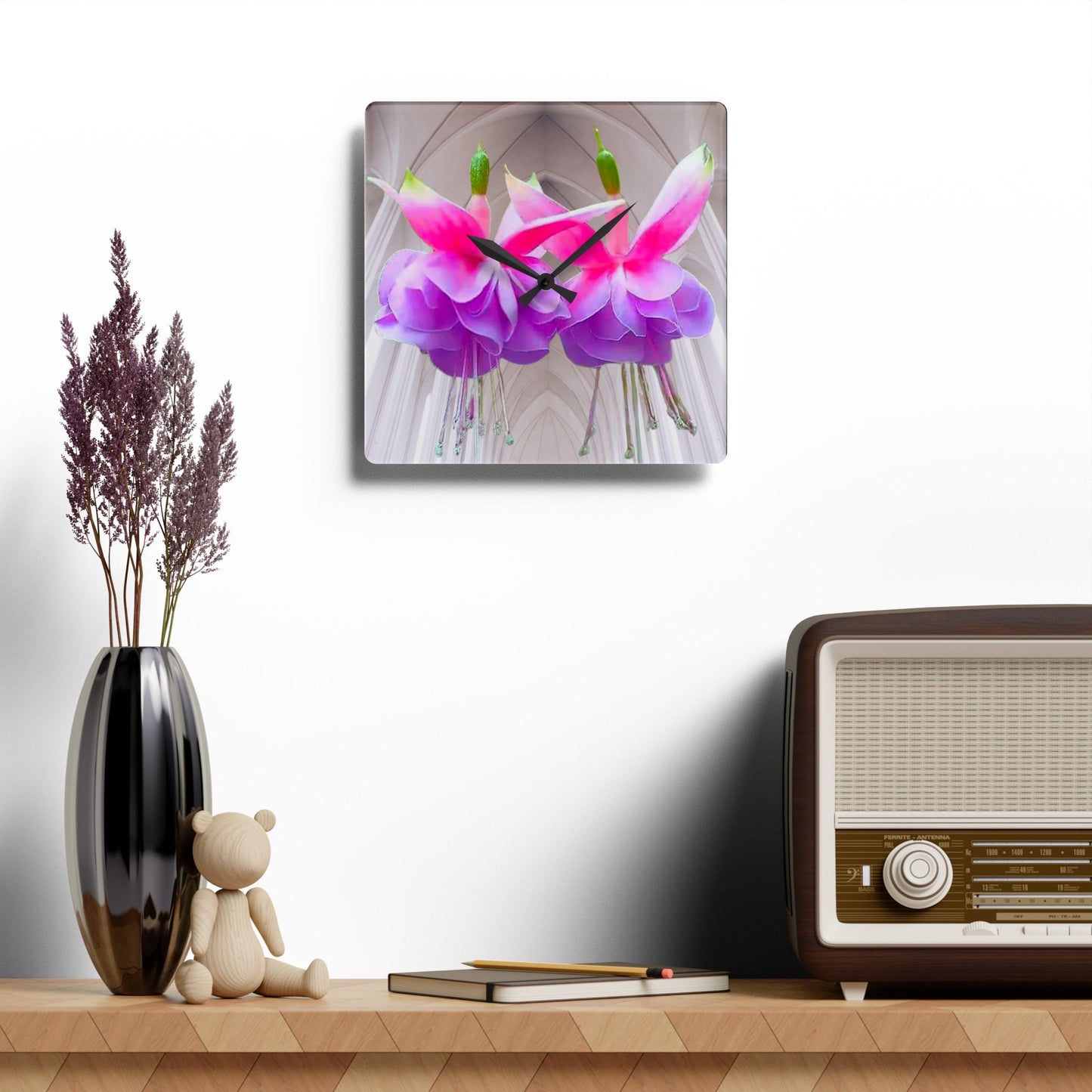 Acrylic Wall Clock, Two Fuchsias, 4 Variants