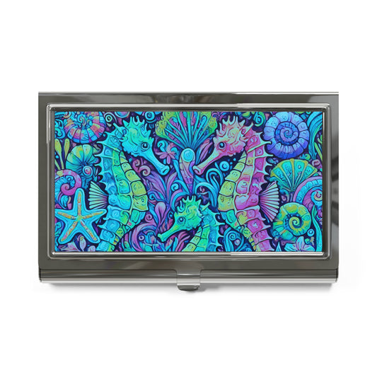 Business Card Holder/Case - Seahorse Trio, Turquoise Pop