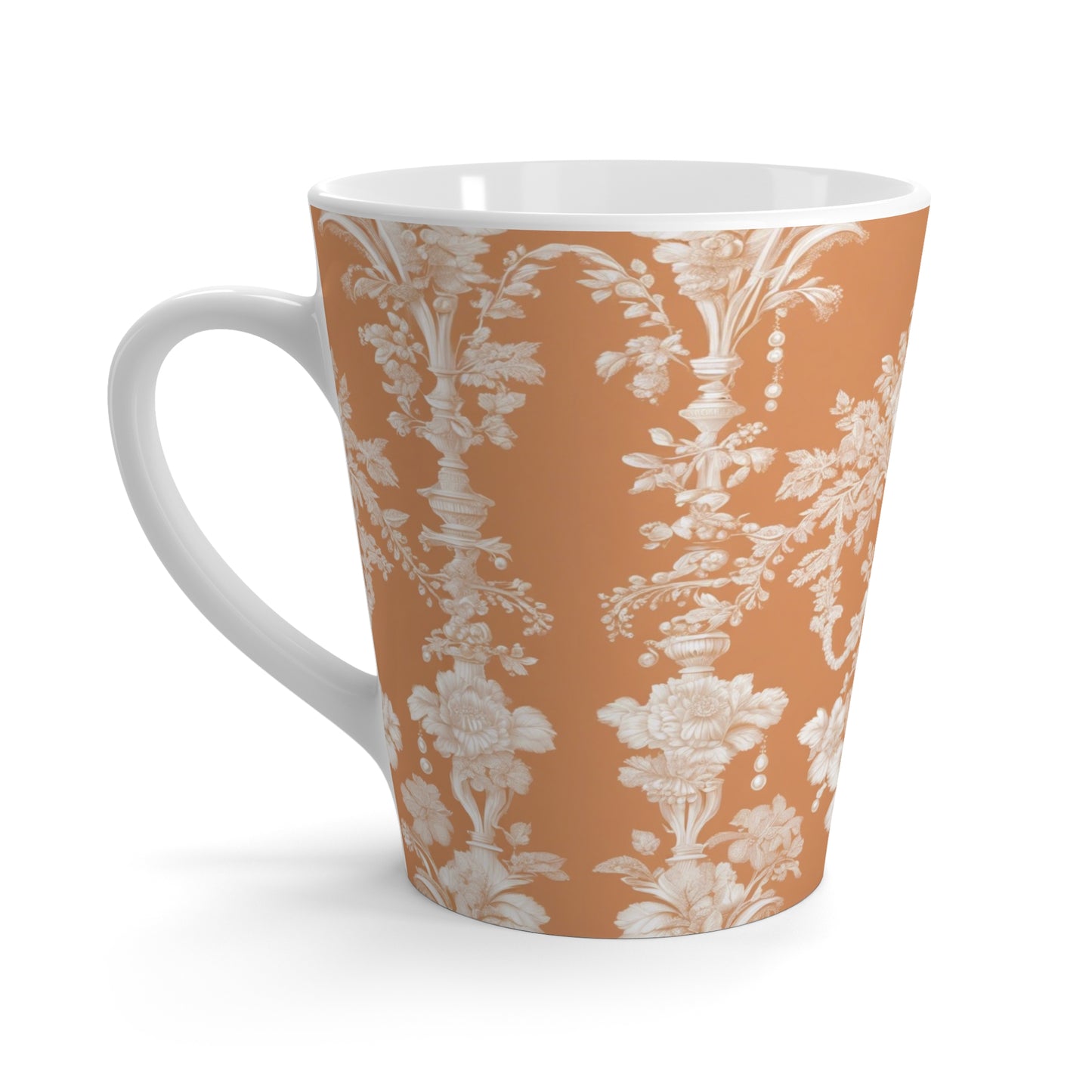 Latte White Mug - Perfect for Coffee Enthusiasts / Pearl Lady Toile, melon