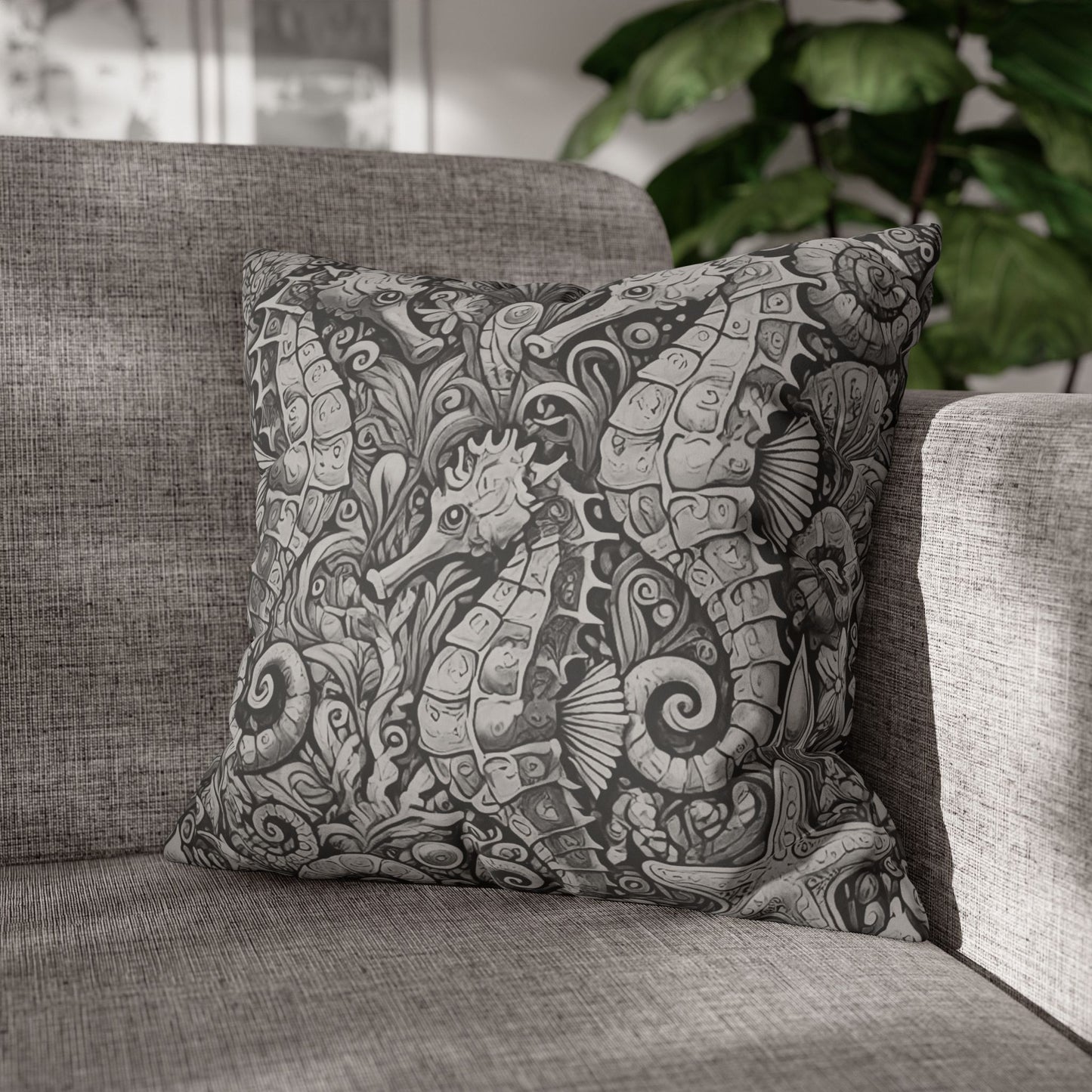 Faux Suede Square Pillowcase - Seahorse Trio, Noir