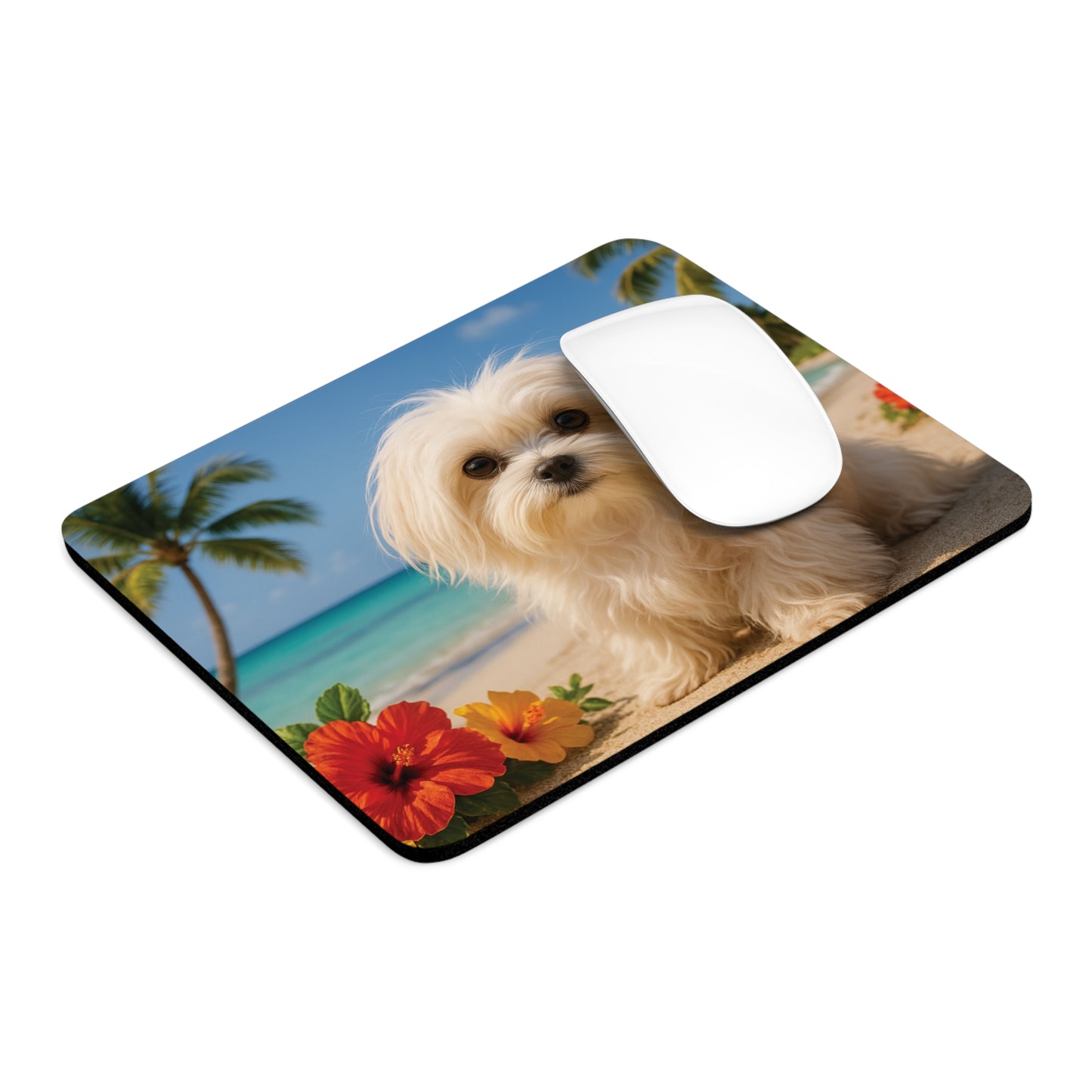 Tropical Mouse Pad, 2 Shapes - Fun Vibes for Home Office & Gamer / Puppy Ariel on the Beach
