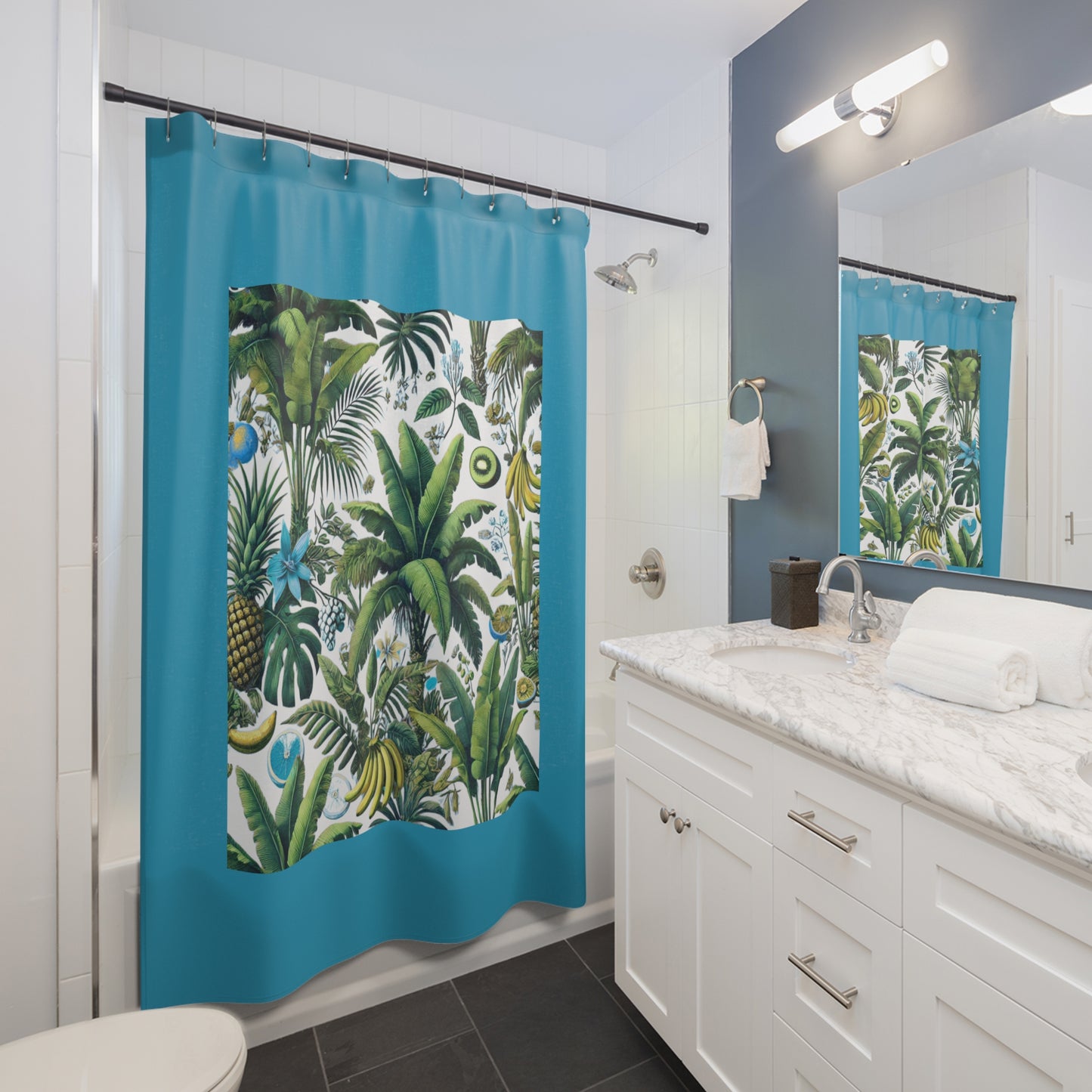 Palm Tree Shower Curtain - Ocean Bathroom Decor / Tropical Fruit/White, Turquoise