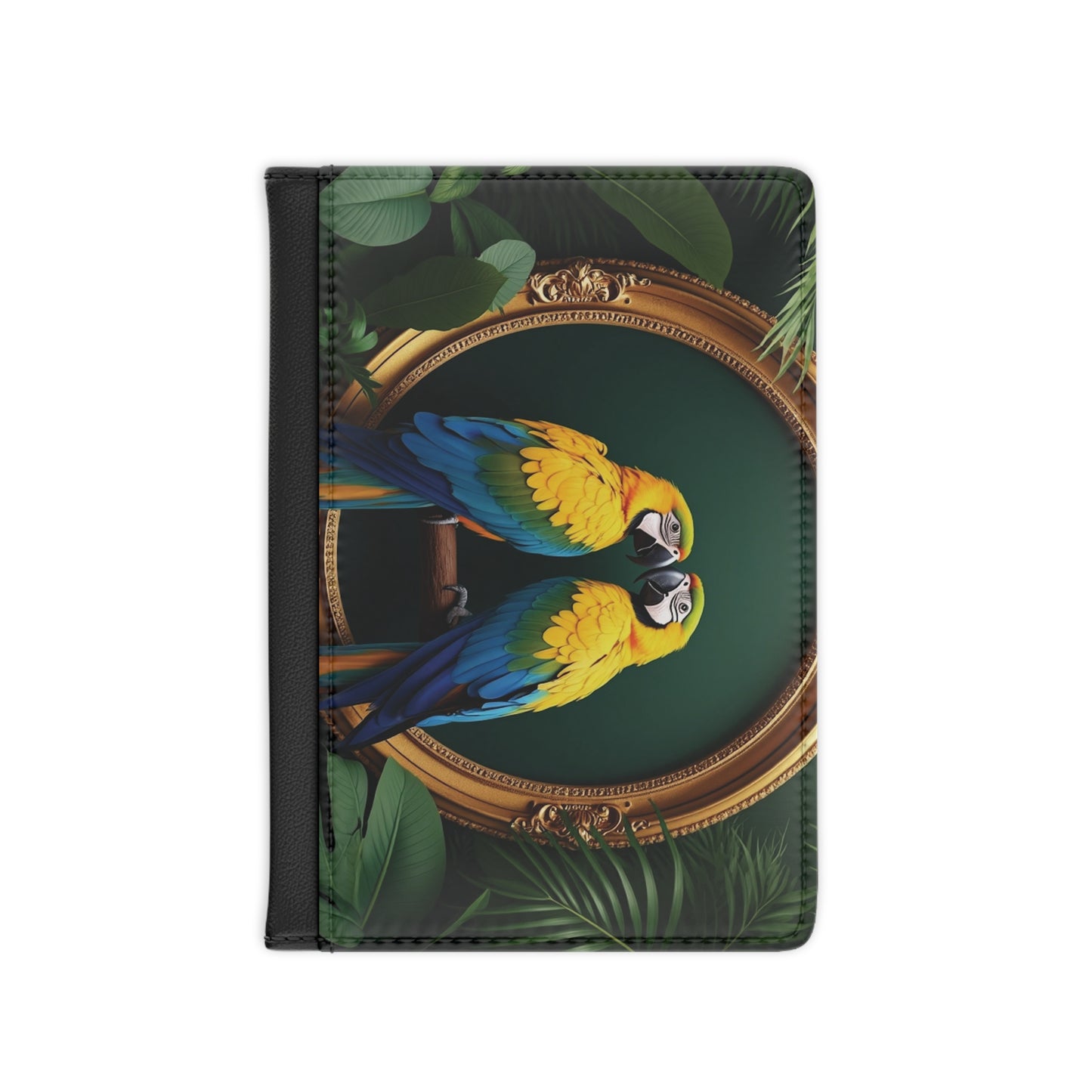 Tropical Passport Cover, Faux Leather - RFID blocking for travel security / Framed Parrot Pair