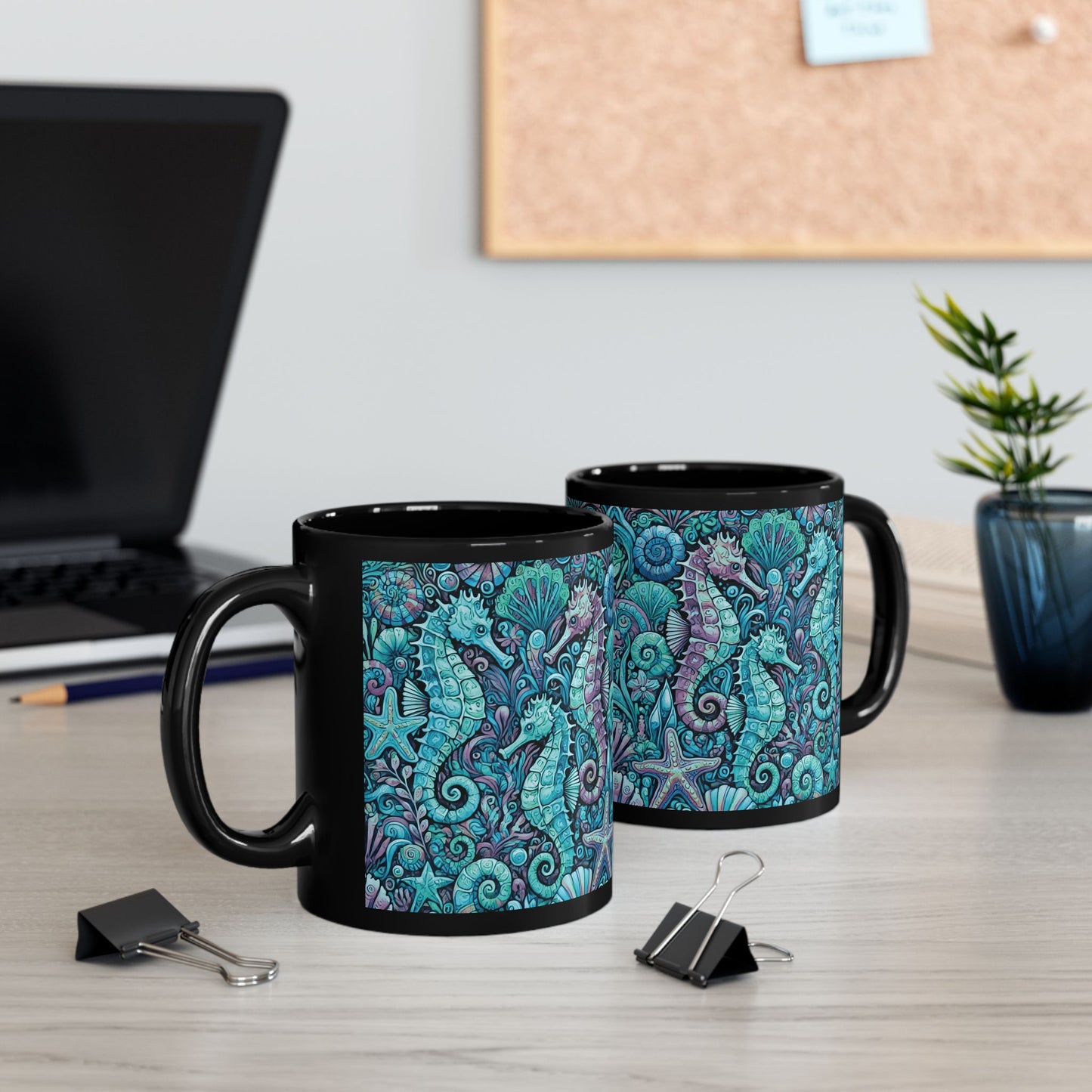 Black Coffee Mug - Seahorse Party, Turquoise