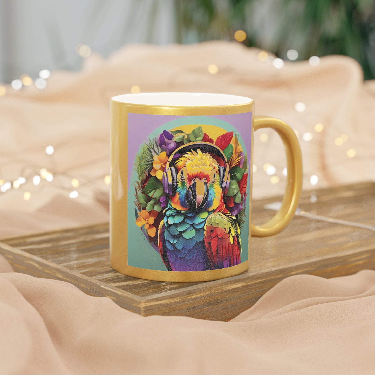 Tropical Metallic Mug, Gold or Silver: Rockin' Out Parrot