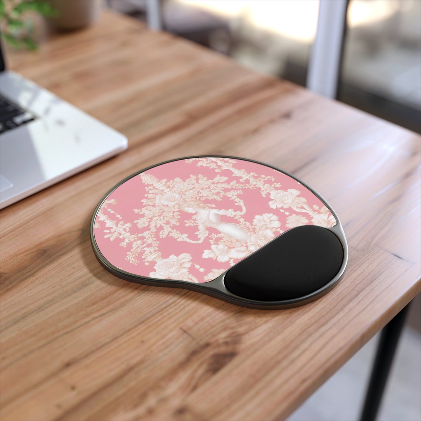 Mouse Pad With Wrist Rest, Pearl Lady Toile, Hibiscus Pink