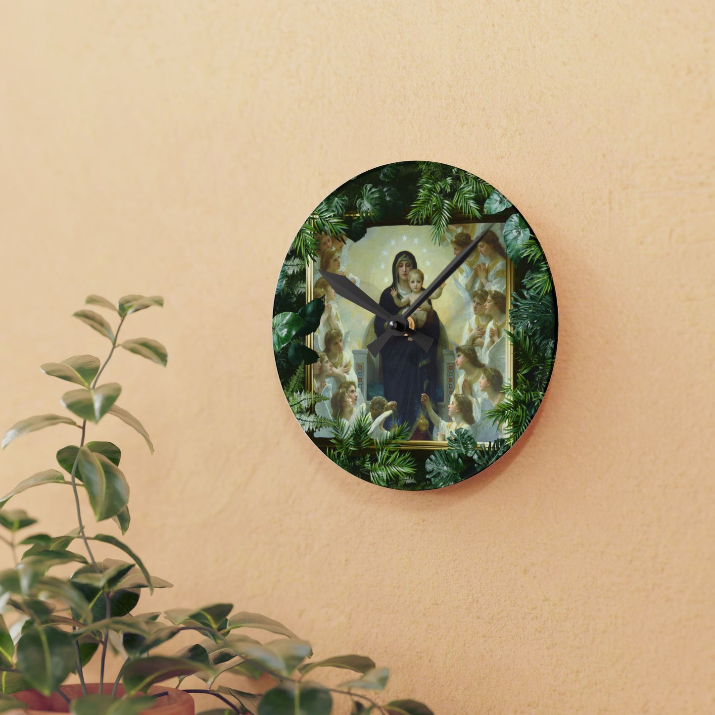 "Tropical Mary With the Angels"  Acrylic Wall Clock - Elegant Religious Decor for Home and Office