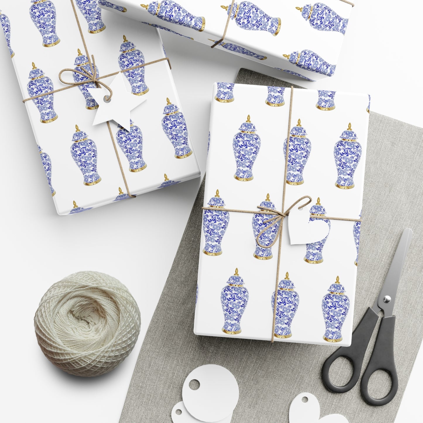 Wrapping Paper - Tropical Gift Wrap for All Occasions / 3 Sizes, 2 Finishes / Blue and White Ginger Jar