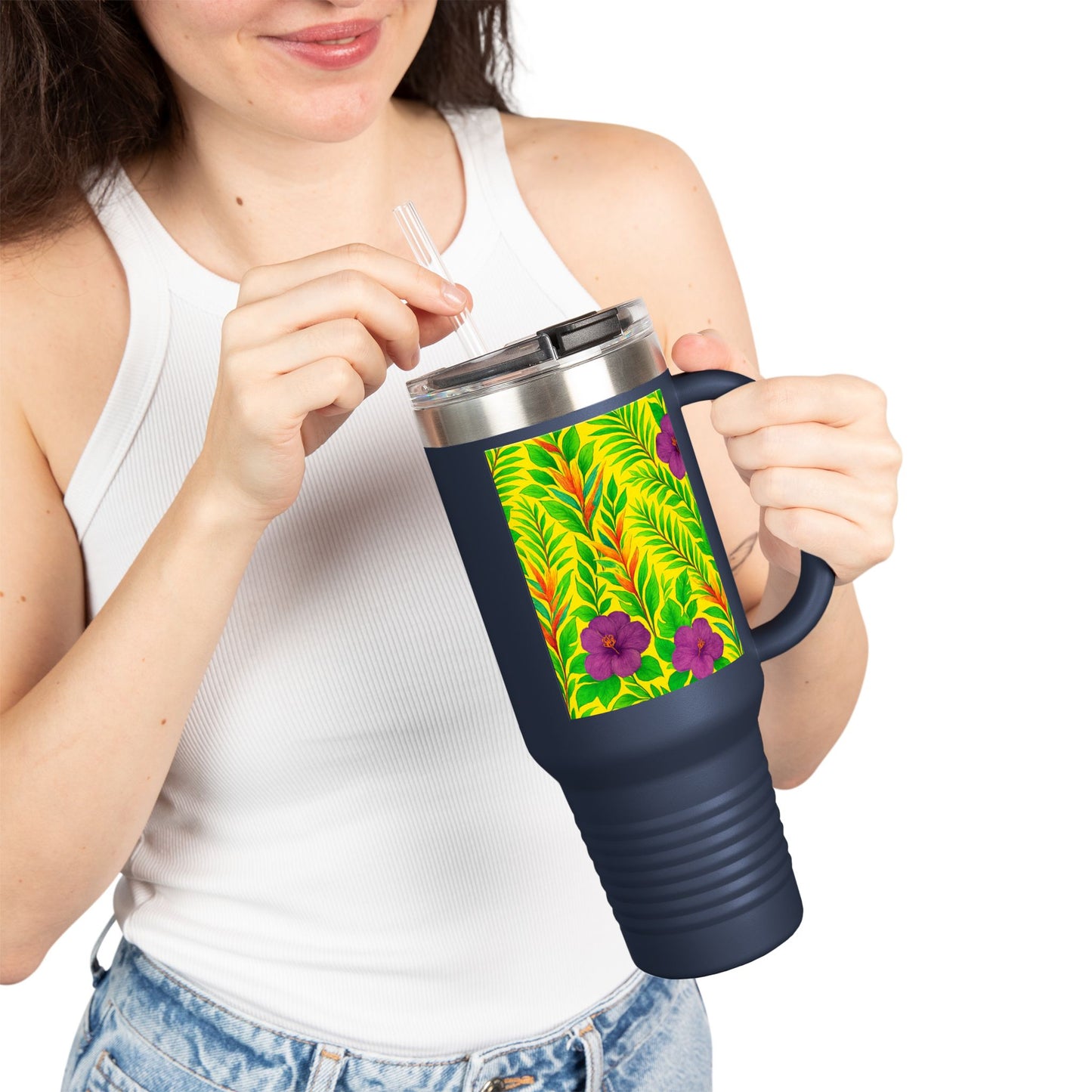 Midnight Flower Yellow Insulated Travel Mug - 40oz - Perfect for Outdoor Adventures