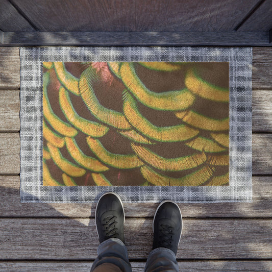 Tropical Shell Doormat - Vibrant Coconut Fiber Entrance Mat / Yellow Peacock Feathers