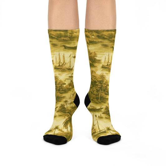 Cushioned Crew Socks - Tropical Toile, Gold