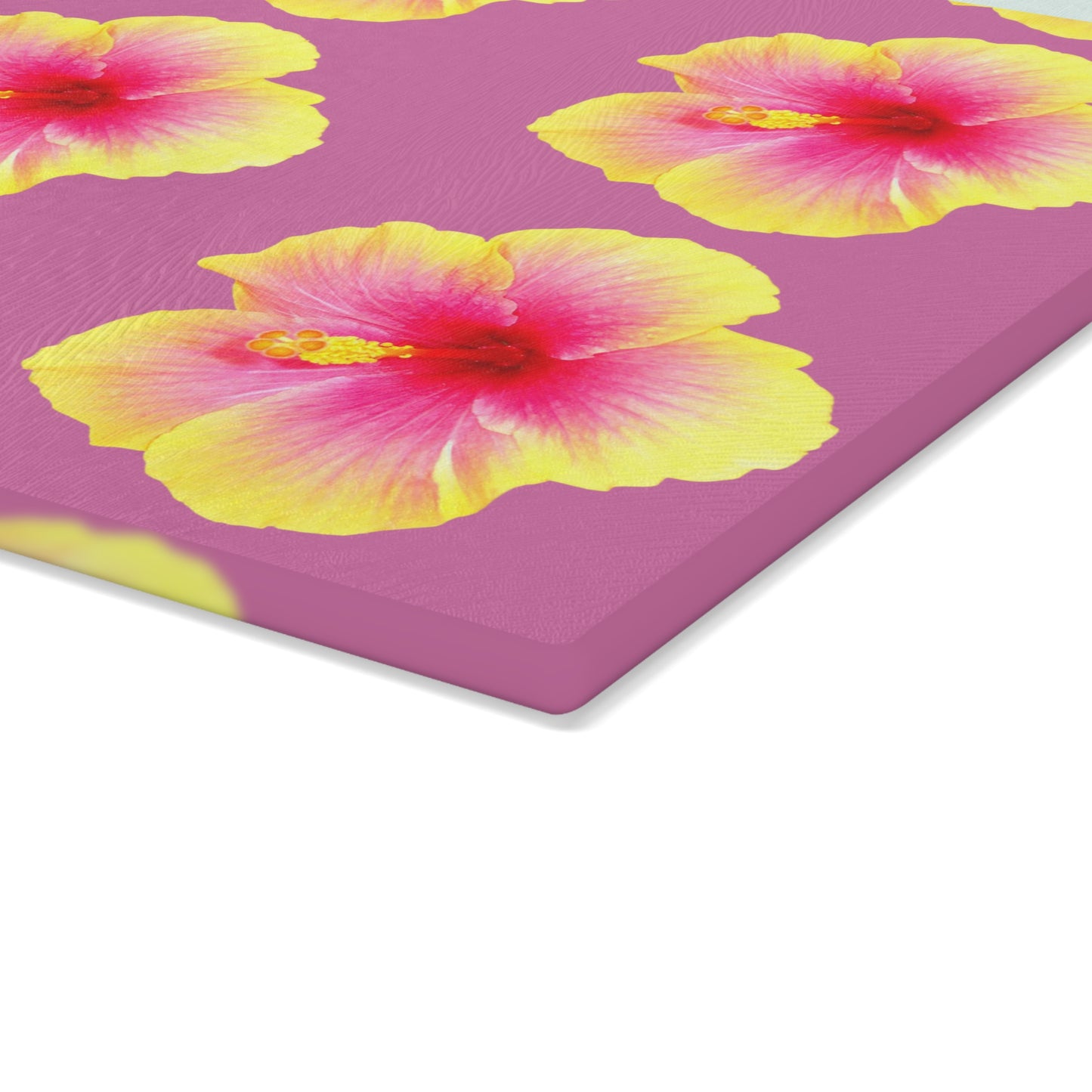 Glass Cutting Board, 2 sizes - Real Yellow & Pink Hibiscus/Lt. Pink