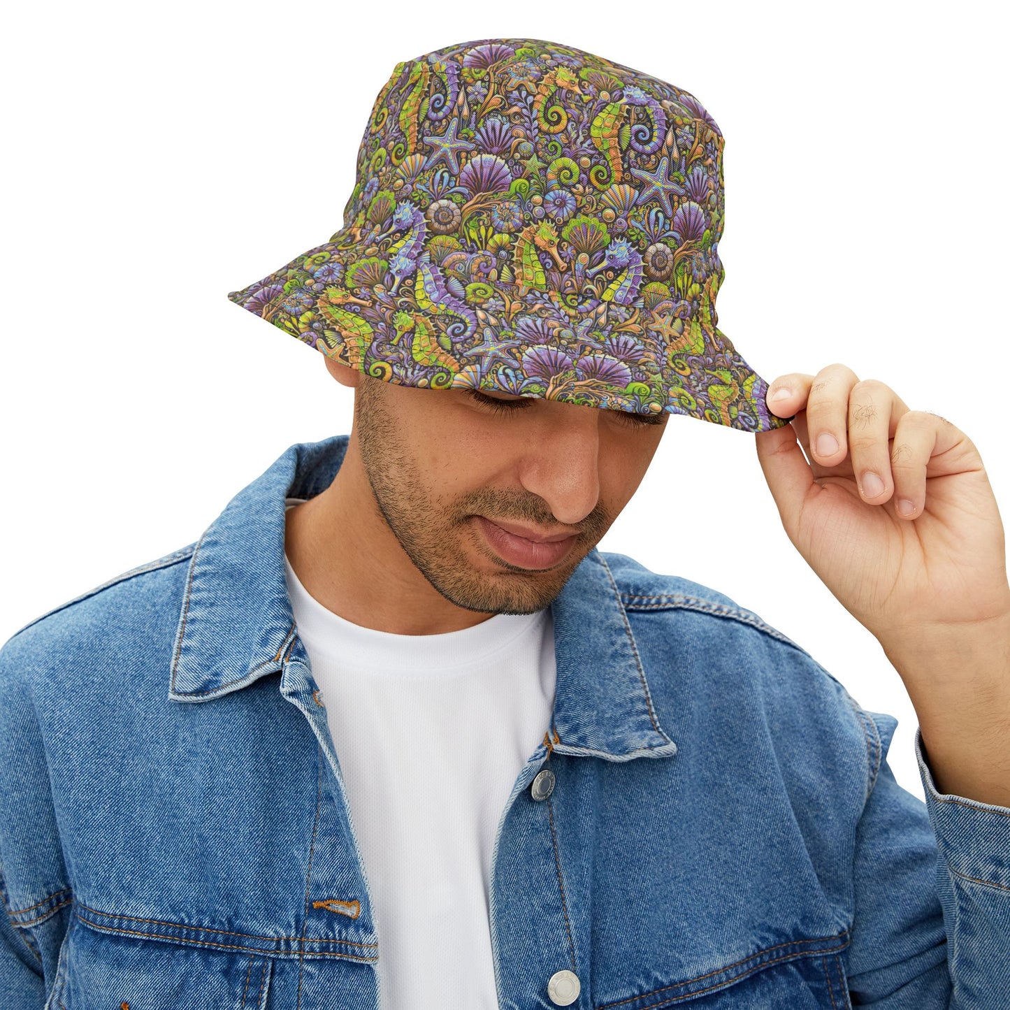 Tropical Polyester Bucket Hat, 2 Sizes - Seahorses Purple