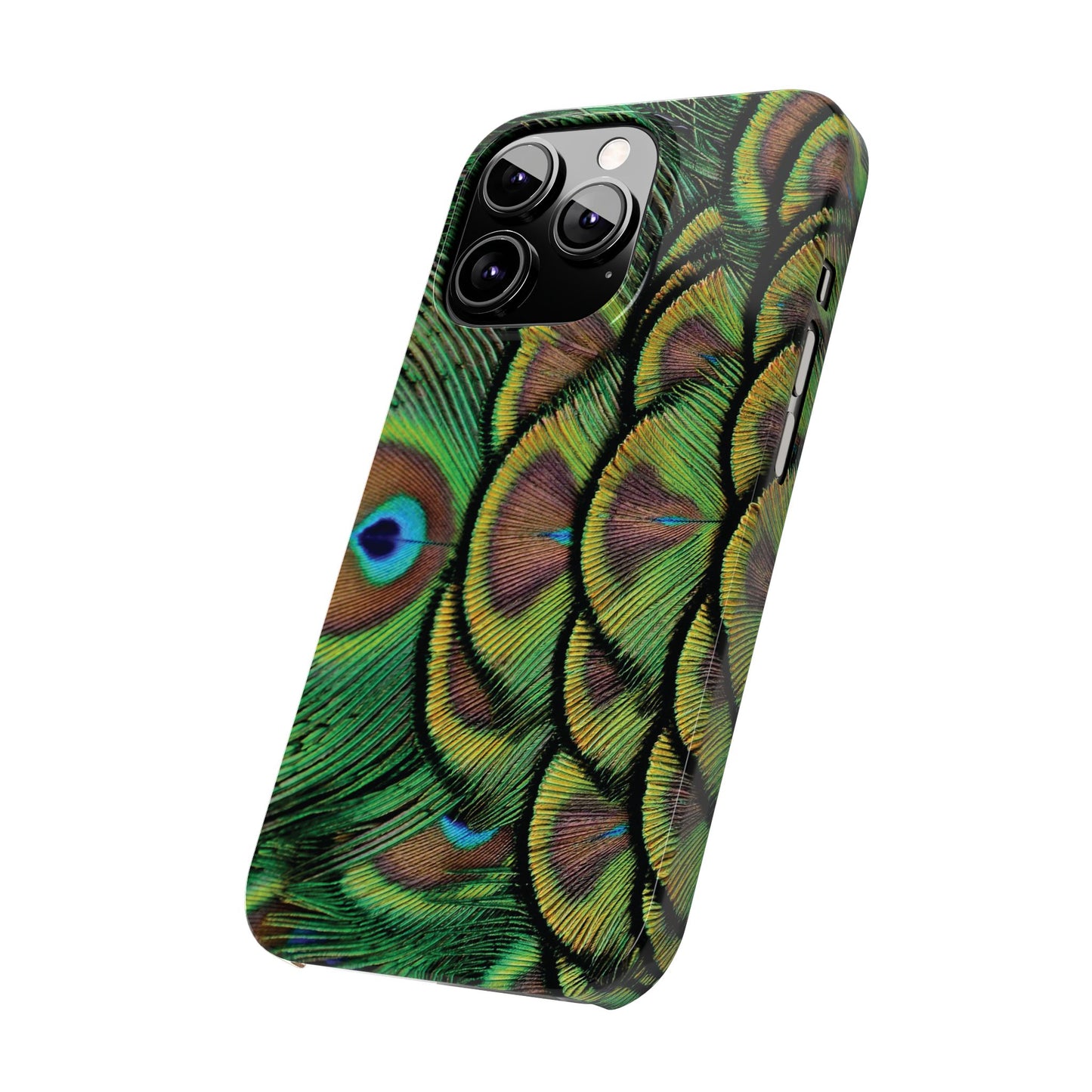 Slim Phone Cases - Brilliant Green Peacock Feathers