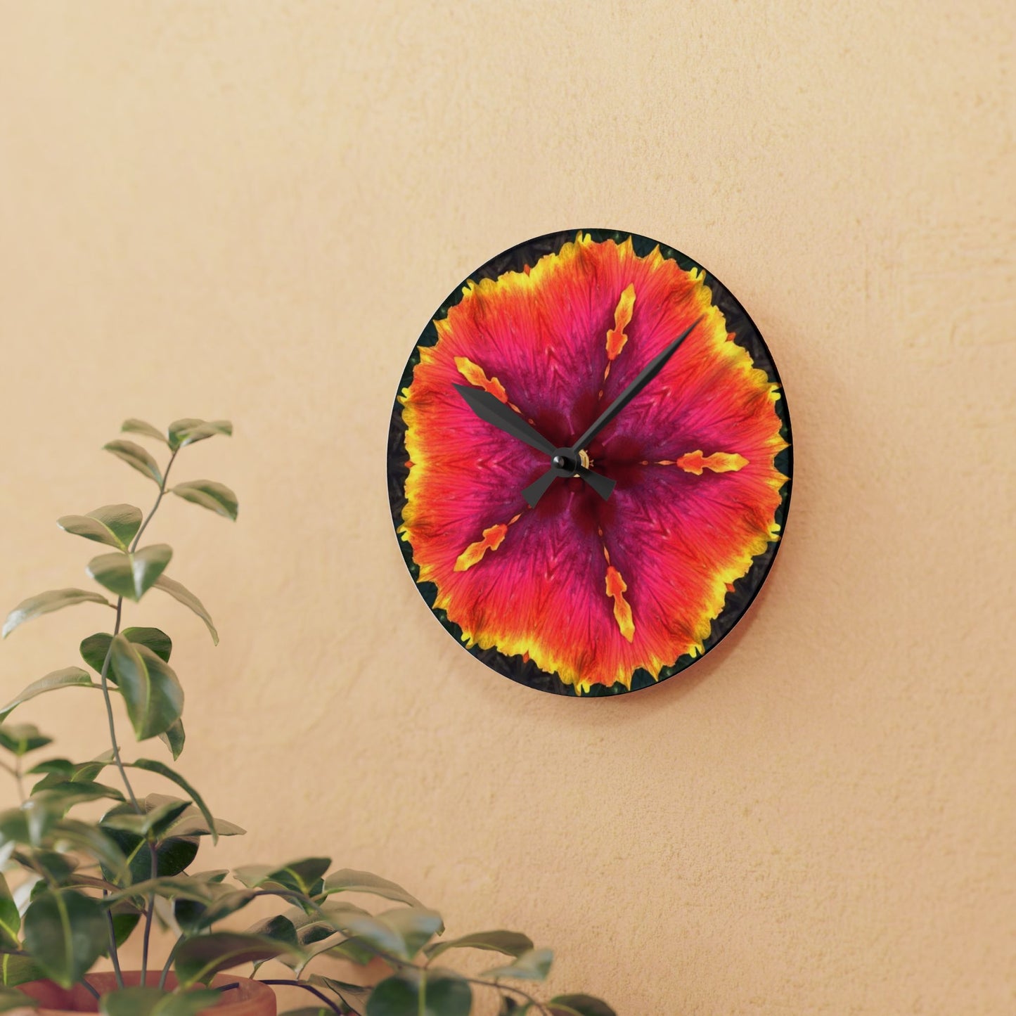 Acrylic Wall Clock - Hibiscus Kaleidoscope #1, Various Sizes