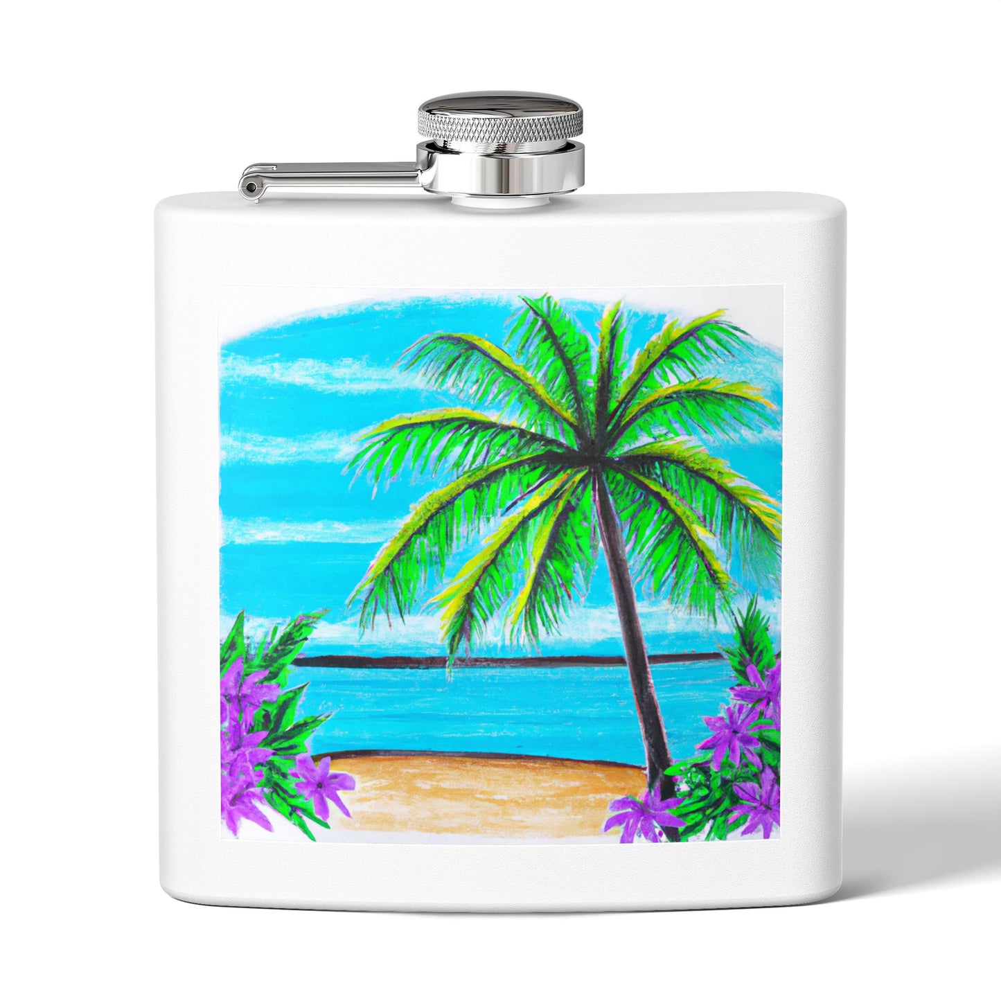 Tropical Stainless Steel Flask - 6oz Travel Drinkware for Beach Lovers / Calm Beach