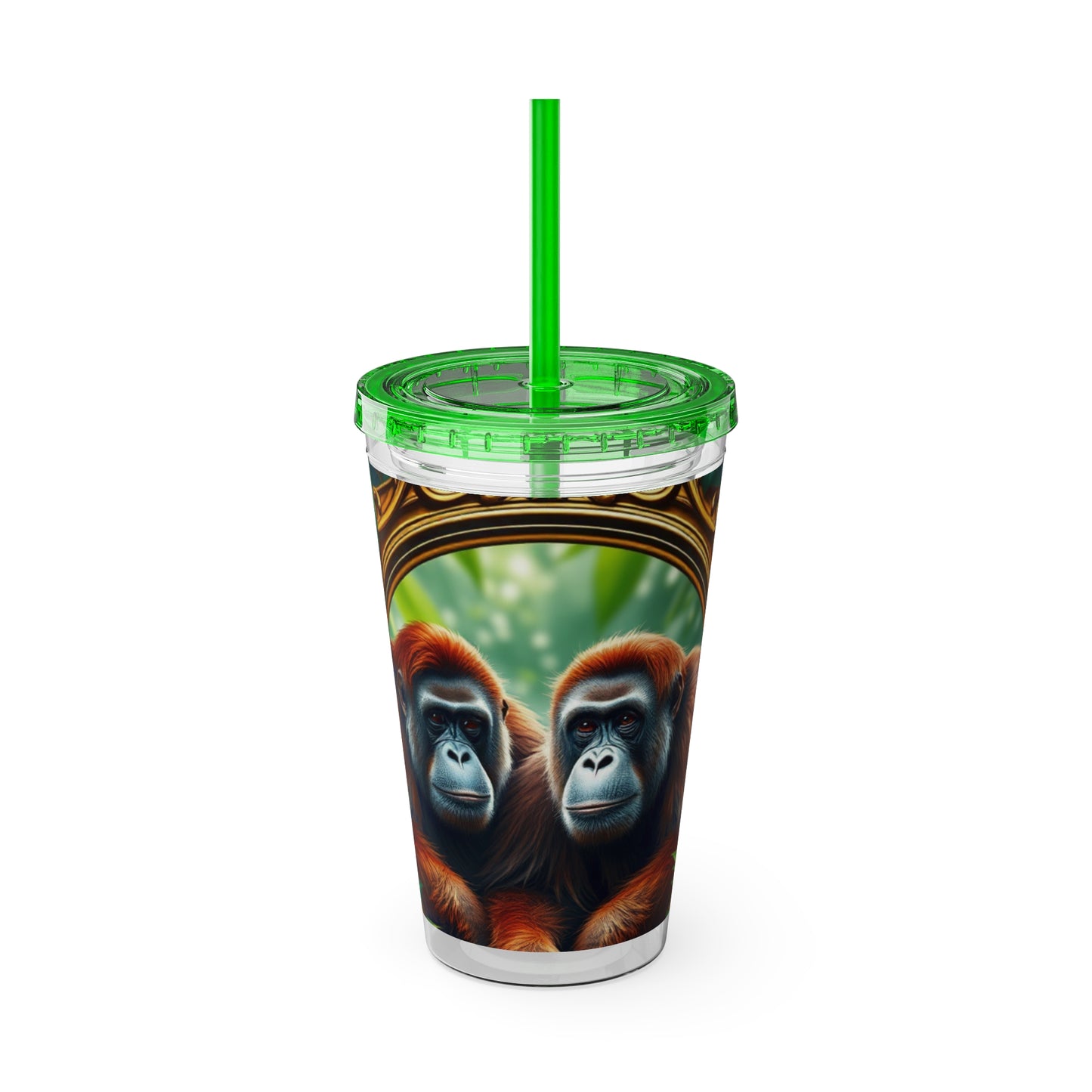 Tropical Tumbler with Straw | 16oz Colorful Travel Cup / Framed Orangutan Apes