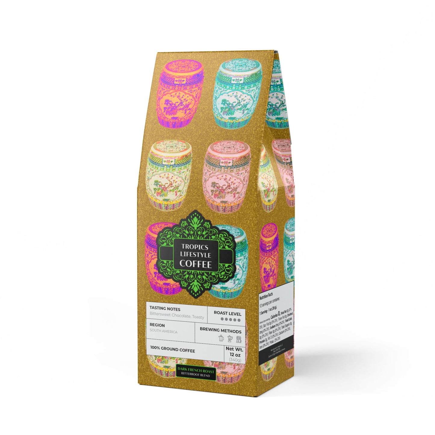 Black Coral Blend™ (Dark French Roast) Specialty Grade Craft Coffee / Tropical Garden Stools, Gold