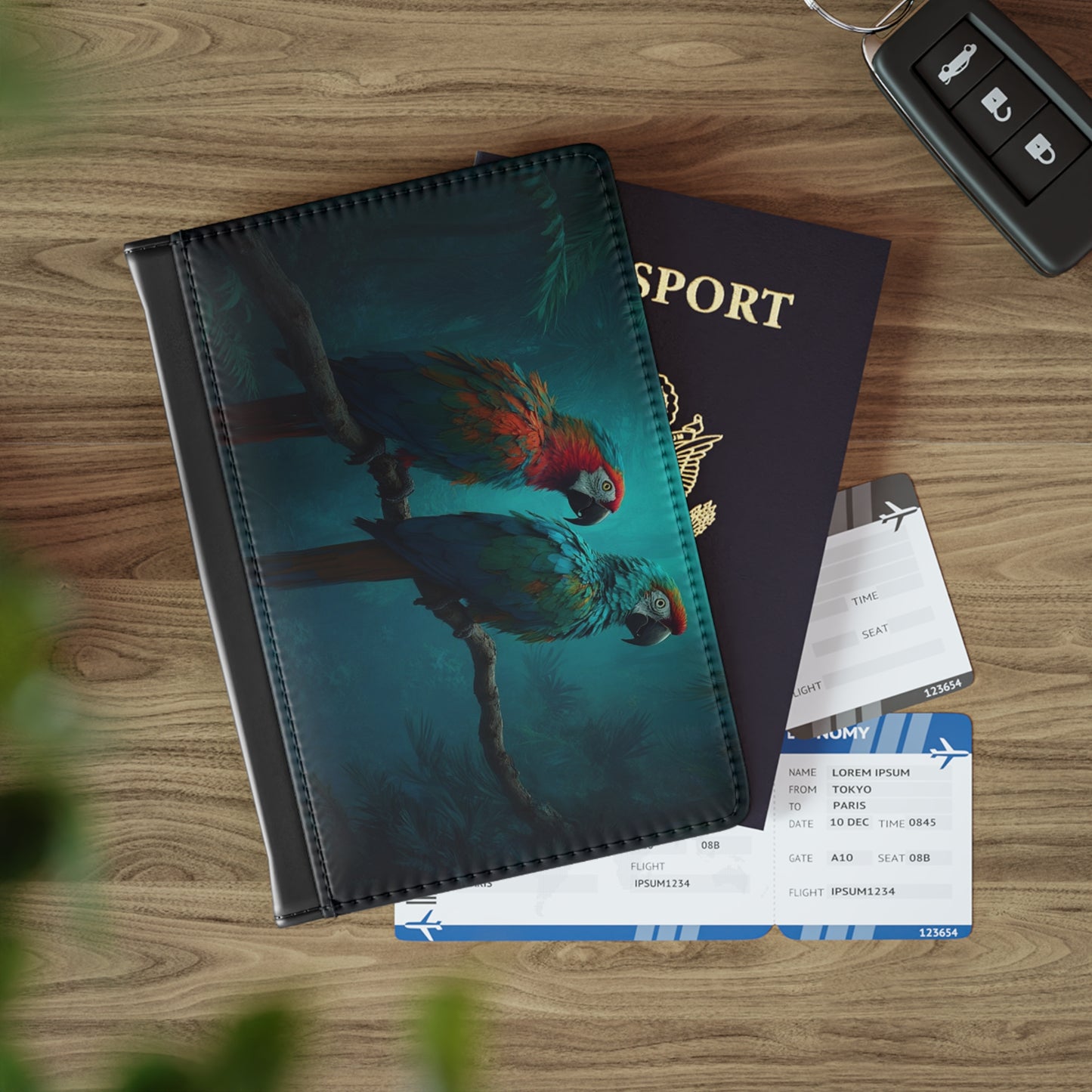Tropical Passport Cover, Faux Leather - RFID blocking for travel security / Two Parrots in Rainforest