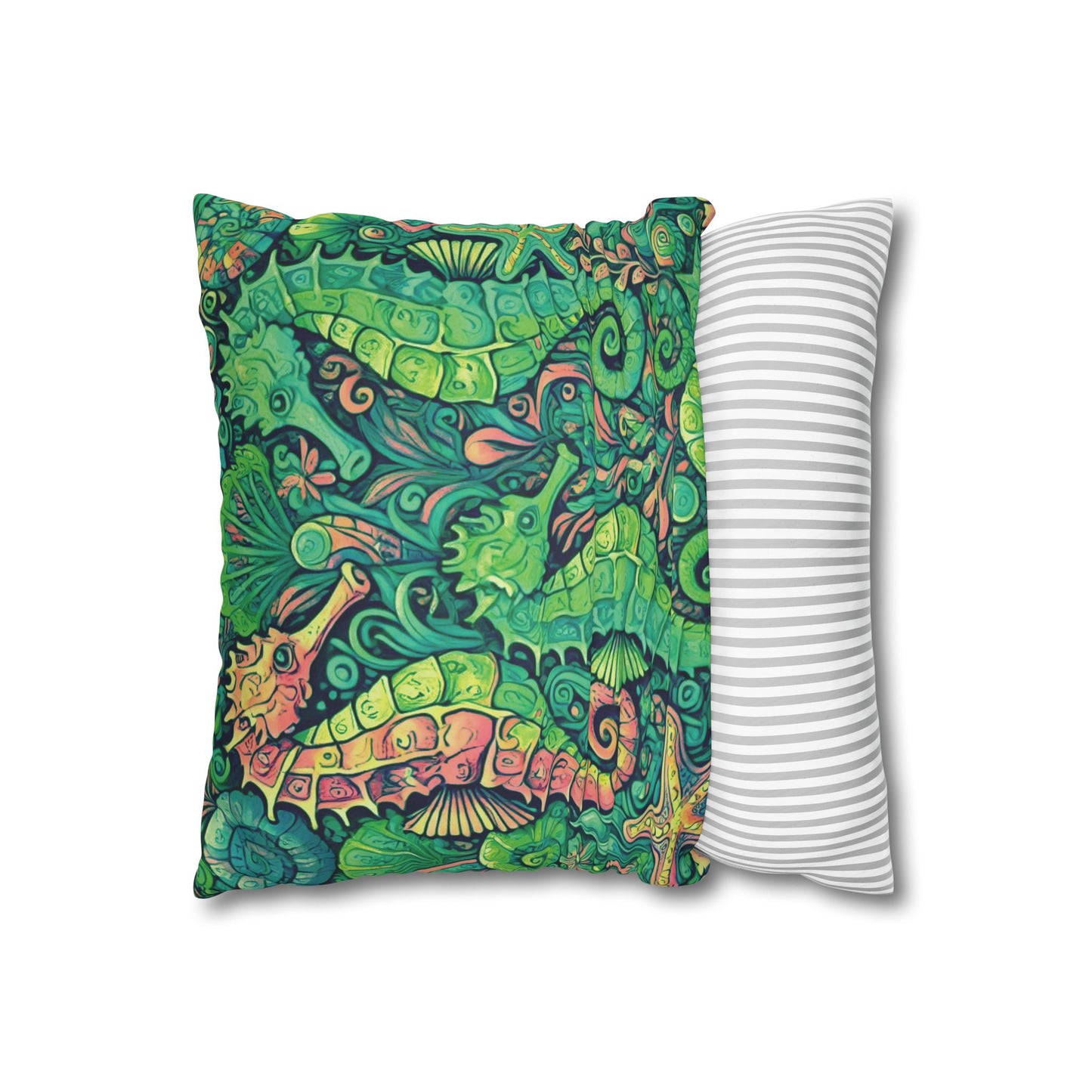 Faux Suede Square Pillowcase - Seahorse Trio/Hot Lime