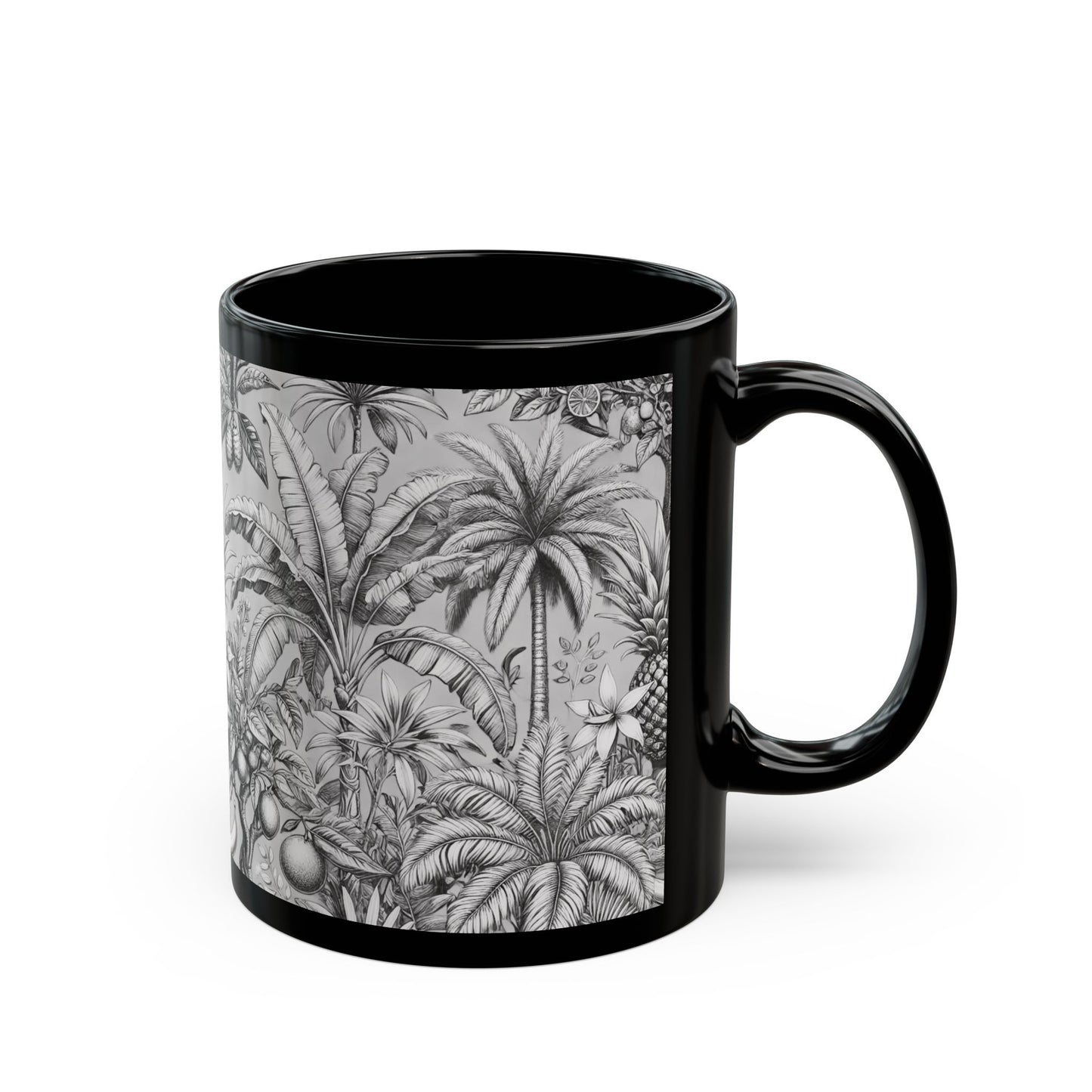 Black Coffee Mug - Tropical Fruit, Newspaper Ink
