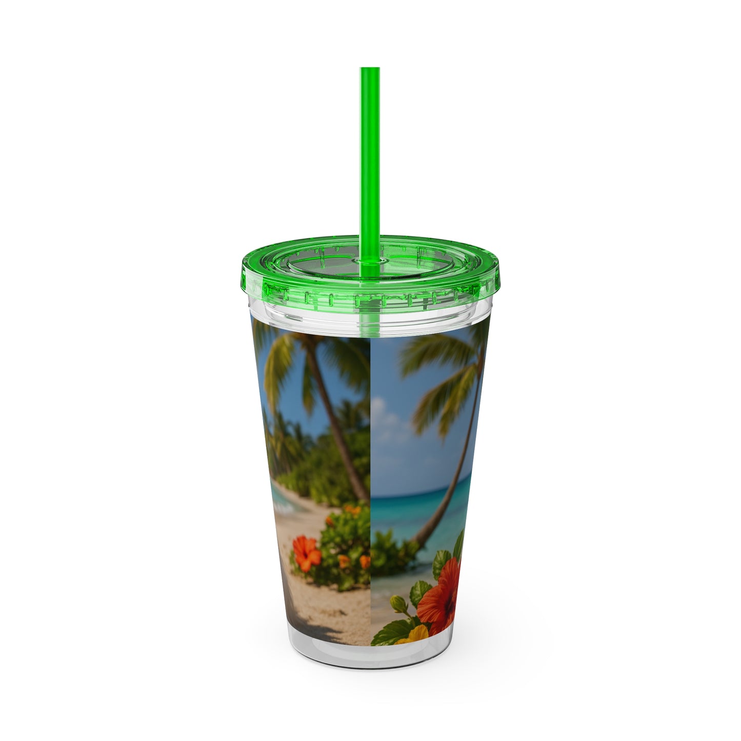Tropical Tumbler with Straw | 16oz Colorful Travel Cup / Puppy Ariel at the Beach