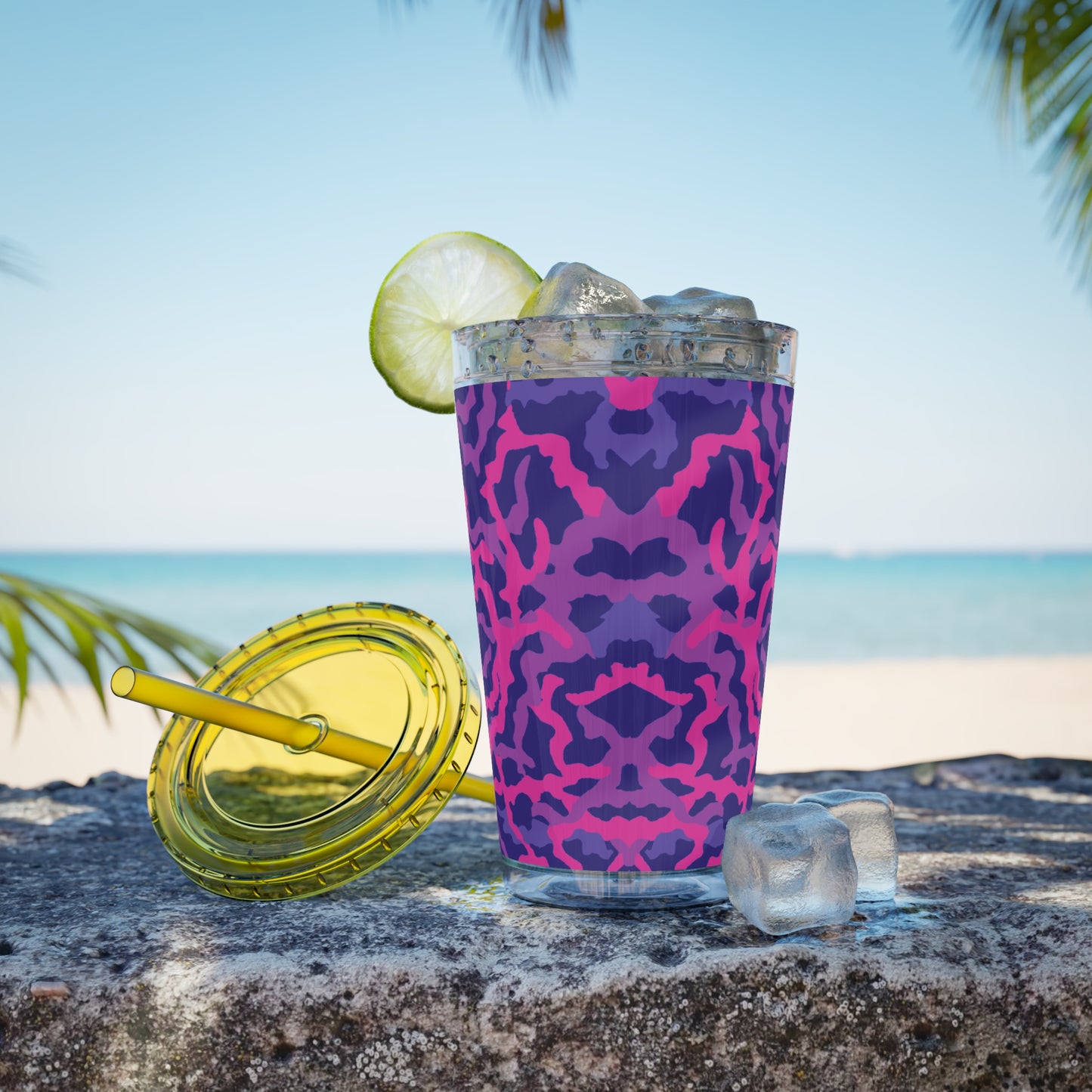 Tropical Tumbler with Straw | 16oz Colorful Travel Cup / Coral Threads, Heatwave